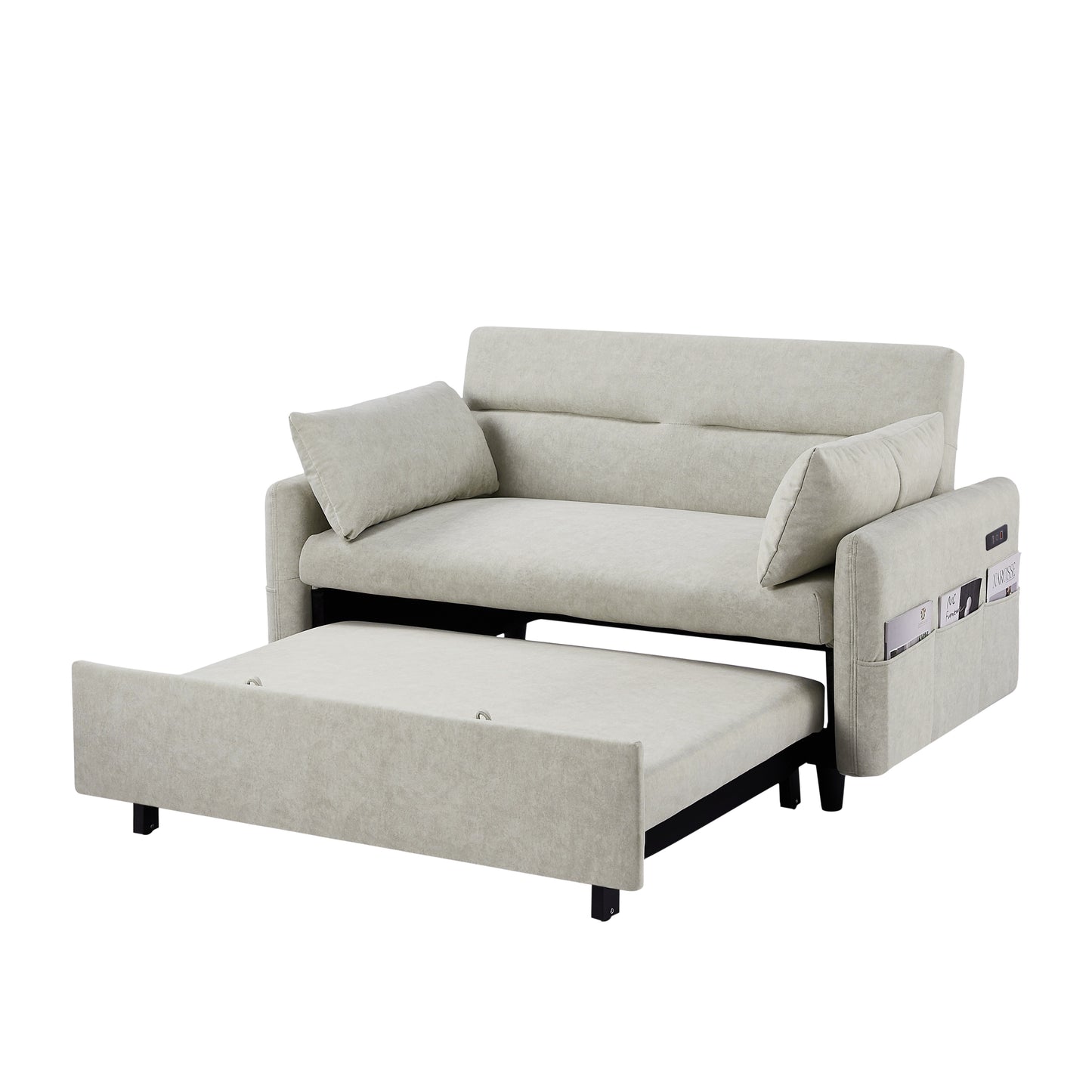 55.1" Pull Out Sleep Sofa Bed Loveseats Sofa Couch with Adjsutable Backrest, Storage Pockets, 2 Soft Pillows, USB Ports for Living Room, Bedroom, Apartment, Office, Beige (Old SKU: WF315689AAA)