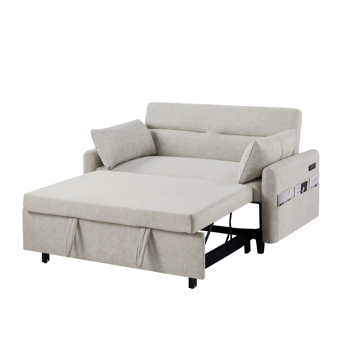 55.1" Pull Out Sleep Sofa Bed Loveseats Sofa Couch with Adjsutable Backrest, Storage Pockets, 2 Soft Pillows, USB Ports for Living Room, Bedroom, Apartment, Office, Beige (Old SKU: WF315689AAA)