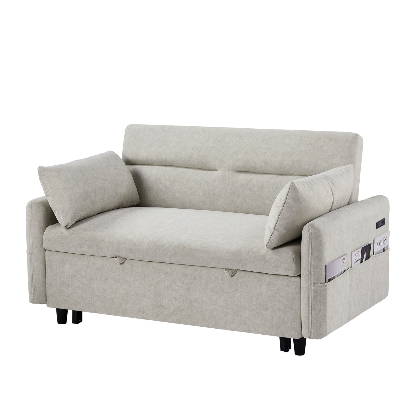 55.1" Pull Out Sleep Sofa Bed Loveseats Sofa Couch with Adjsutable Backrest, Storage Pockets, 2 Soft Pillows, USB Ports for Living Room, Bedroom, Apartment, Office, Beige (Old SKU: WF315689AAA)