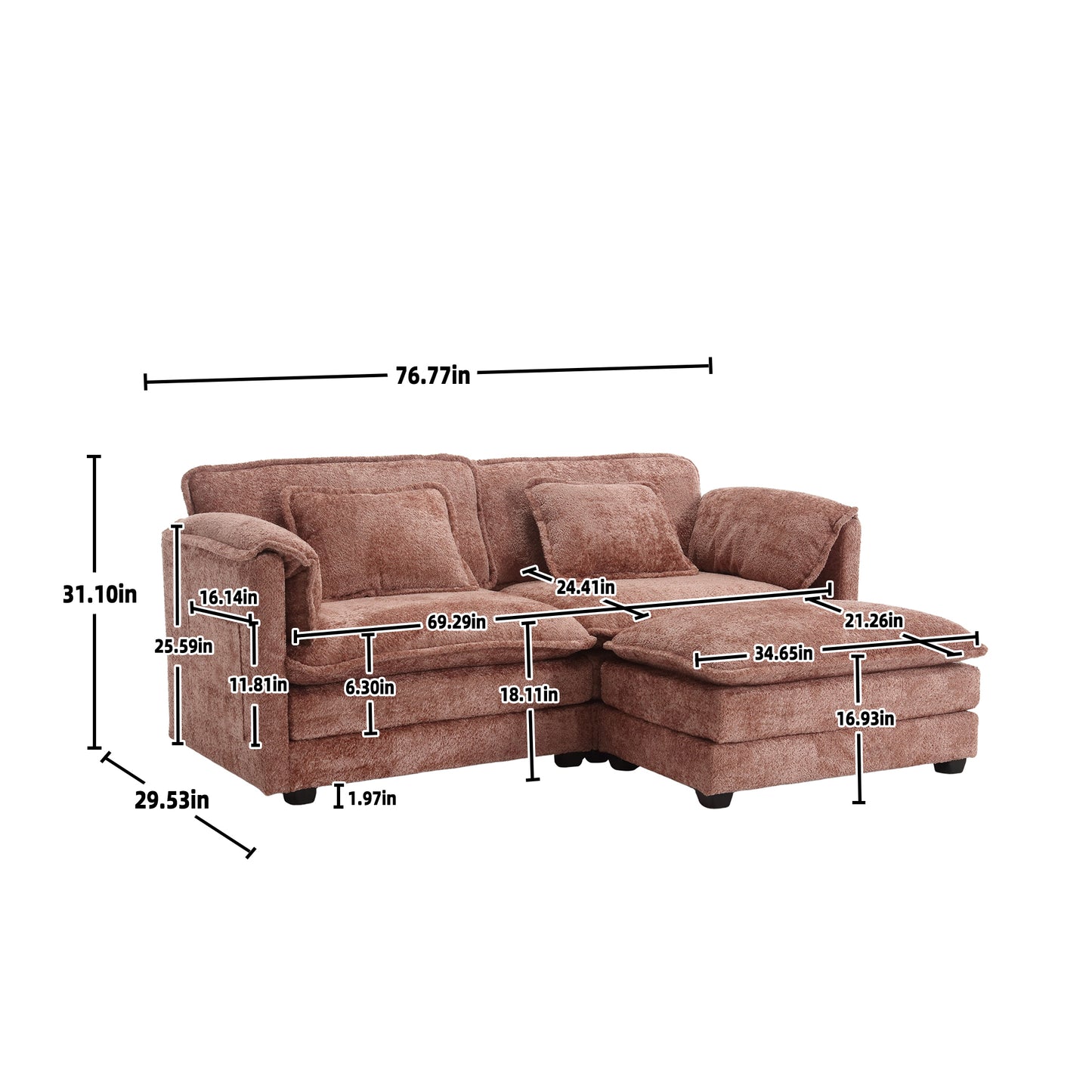 UNITED WE WIN Chenille fabric, removable armrests with side pockets, high density sponge filling, oversized double sofa with footstool