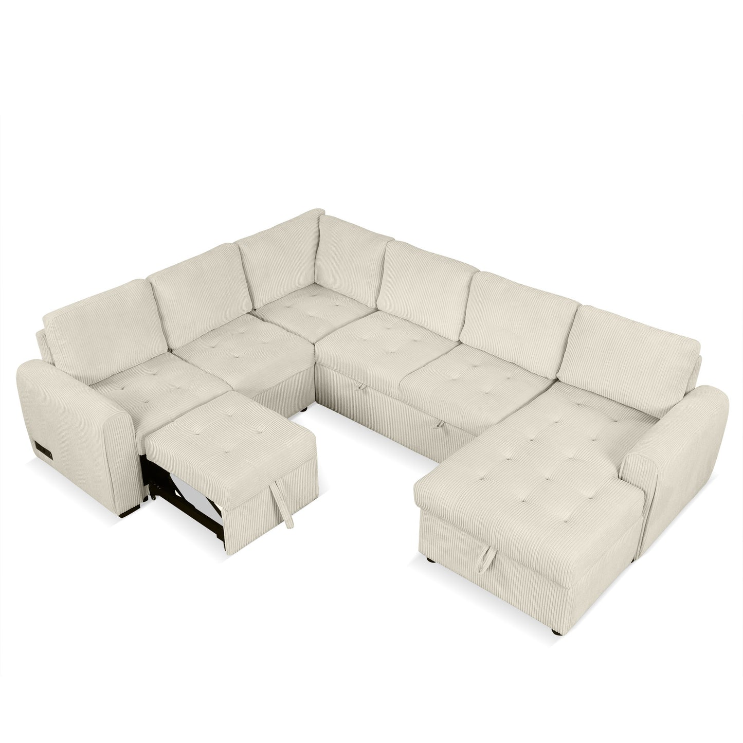 107.5" U-shaped Sofa Sectional Sofa Pull-out Sofa bed with a Storage Chaise Lounge, Charging Devices for Living Room, Beige