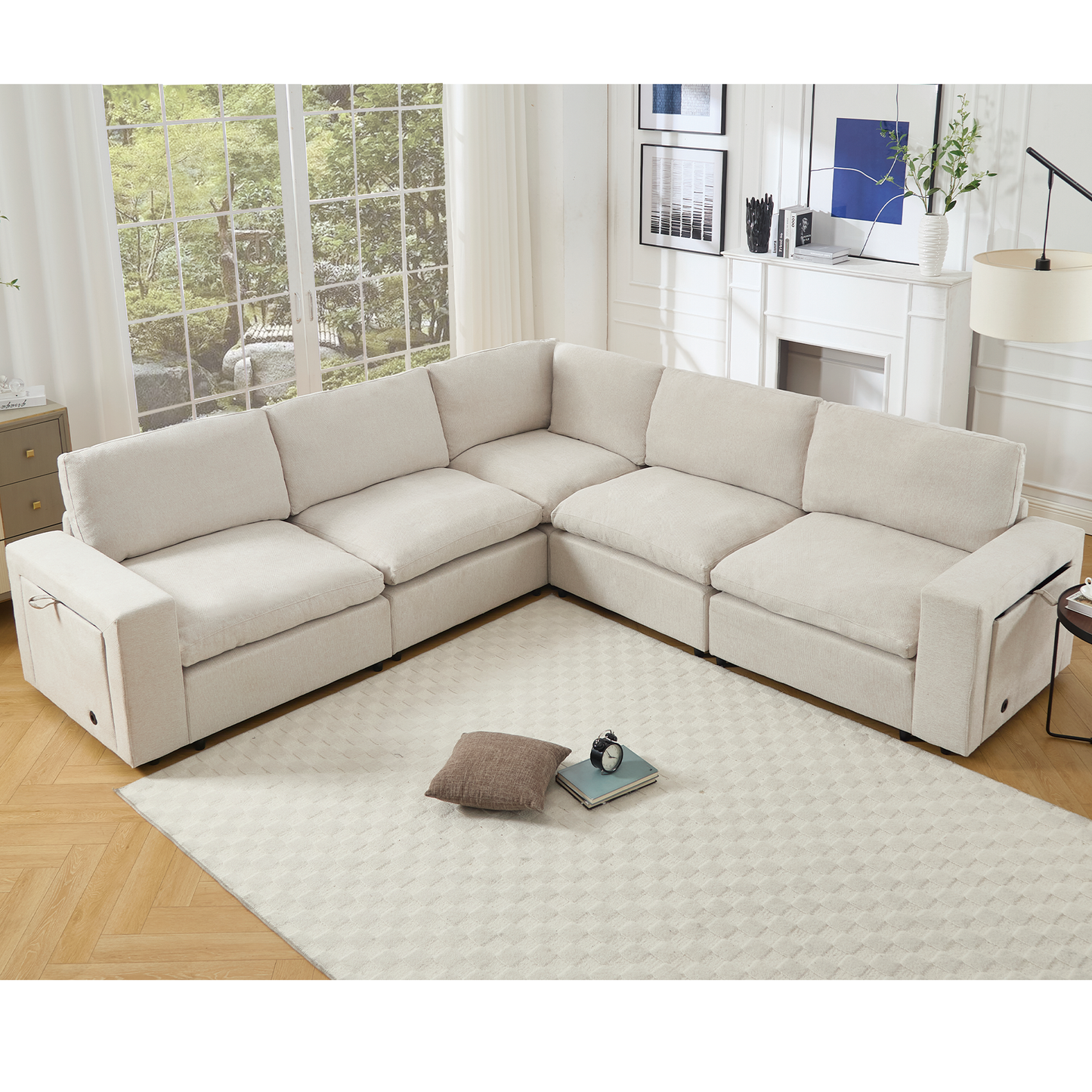 [NEW ARRIVED] [VIDEO PROVIDED]Sectional Couches For Living Room,Modular Couch,Wireless Charging Port & Cup Holders,5-seat ,DIY Combination,L-shaped Sofa,Book Storage Space,Soft Linen Fabric,Beige