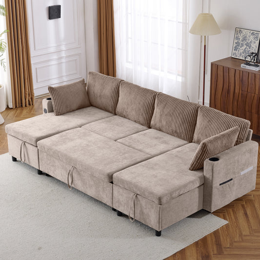 111.8" Sectional Sofa Pull-out Sofa Bed Versatile Sofa Sleeper with Large Storage Space, Two USB Ports and Two Cup Holders for Living Room, Brown