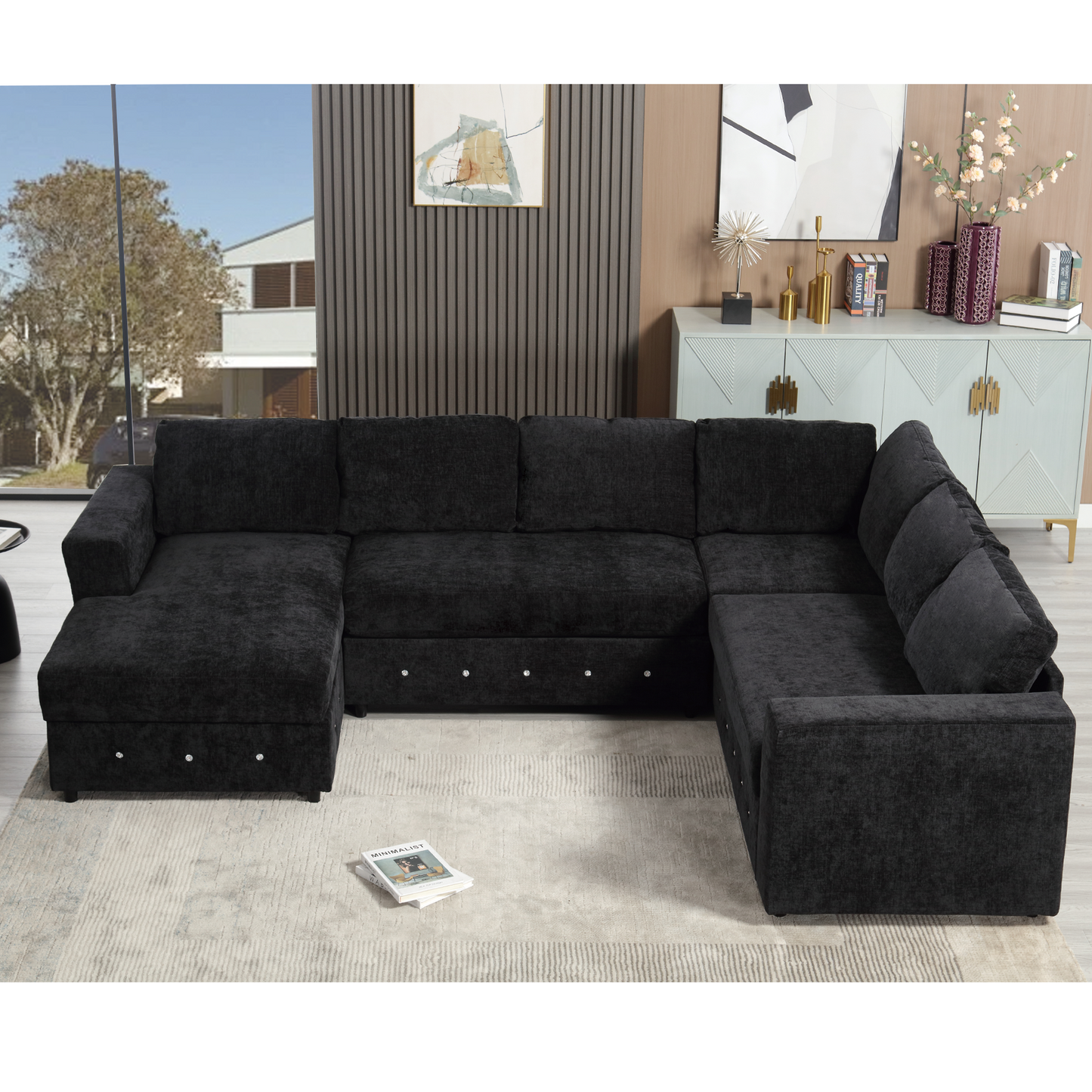 [NEW ARRIVED] [VIDEO PROVIDED]110.75" Sectional Sofa,Oversized modular sofa,Chaise Storage, Modern U Shaped  Couch , Upholstered Sofas,Chenille,Crystal button , Living Room, Apartment, Black