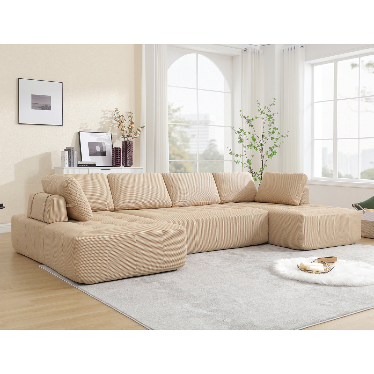 [NEW ARRIVED] [VIDEO PROVIDED]138.5 "Modular Combination Sofa, U-shaped Sofa, Living Room, Apartment, Upholstered ,6-seat Sofa, Free Combination Sofa (Mesh Fabric), Breathable Fabric, Khaki