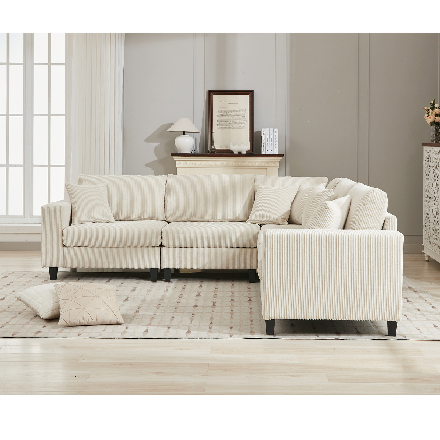 [NEW PACKAGING UPGRADE]Oversized Modular Sectional Sofa Set, L Shaped Couch,Corduroy ,Upholstered,Deep Seat,,5 Seat,5 Throw pillow and 6 back cushion,Living Room, Apartment ,Beige