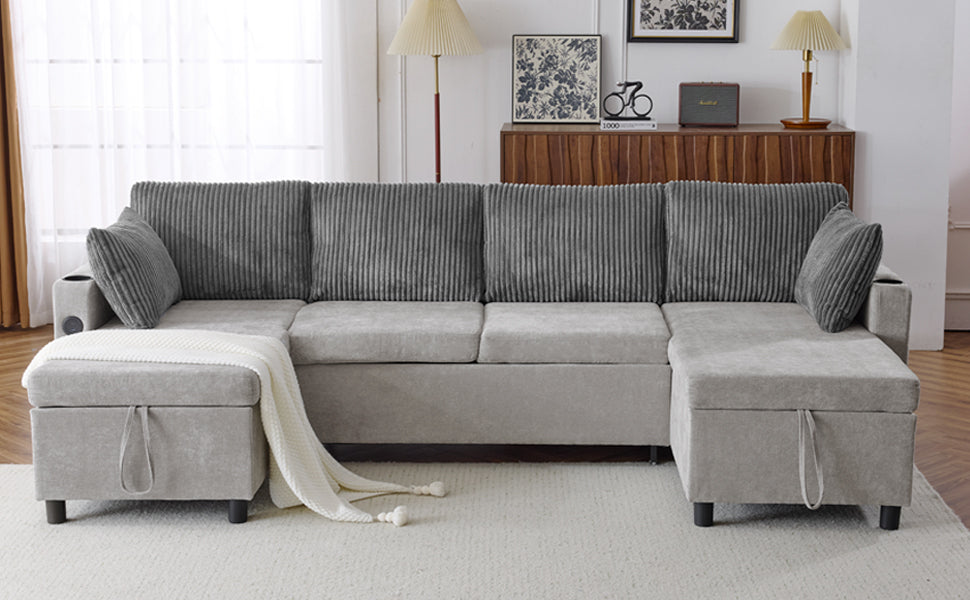 111.8" Sectional Sofa Pull-out Sofa Bed Versatile Sofa Sleeper with Large Storage Space, Two USB Ports and Two Cup Holders for Living Room, Grey