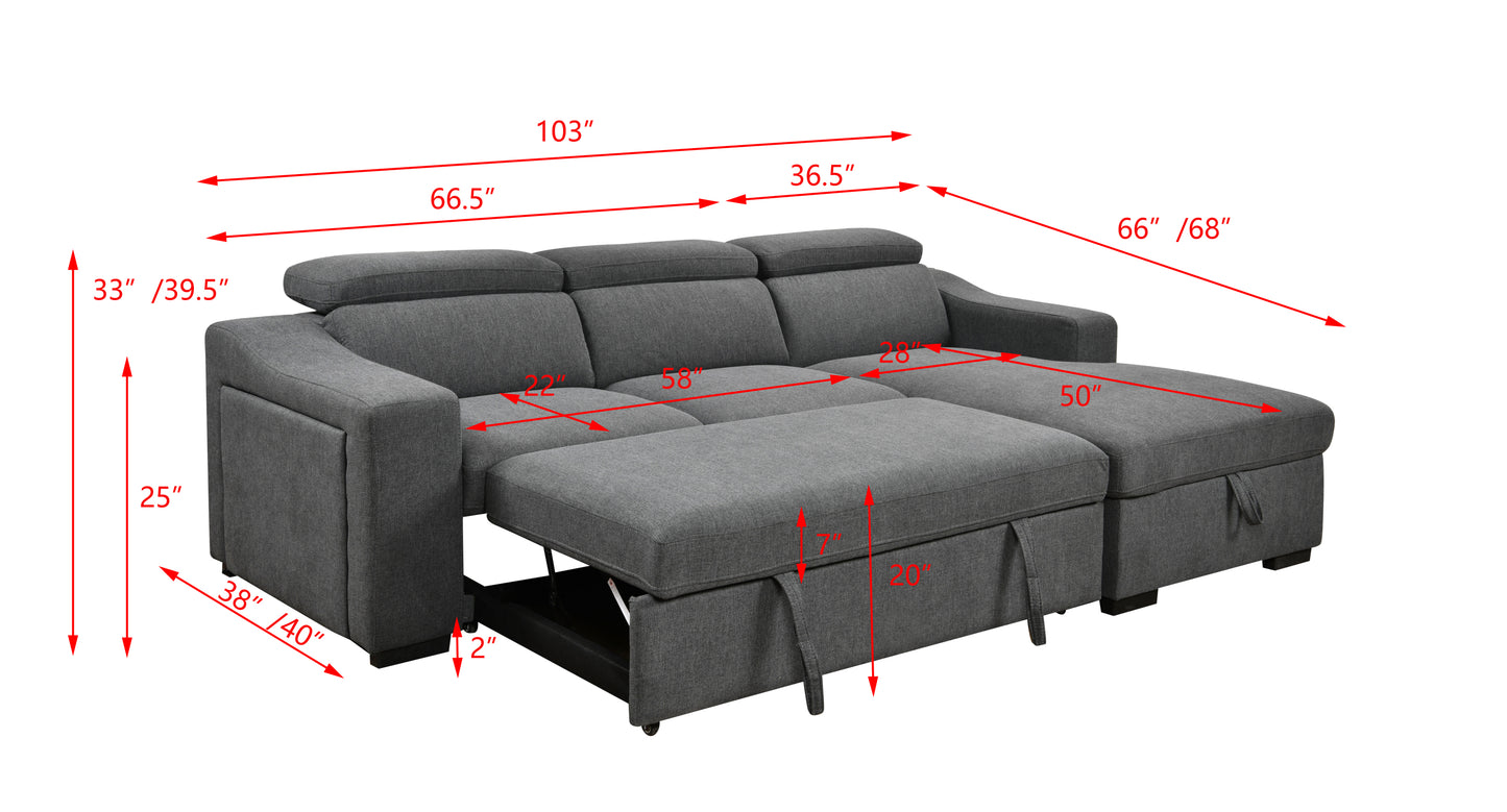 103'' inch Convertible Sectional Sofa with Storage Chaise, Adjustable Headrests, L-shaped Sleeper Corner Sectional Sofa with a Pull-Out Bed ,a USB Charging,and a Cup Holder,Dark Gray