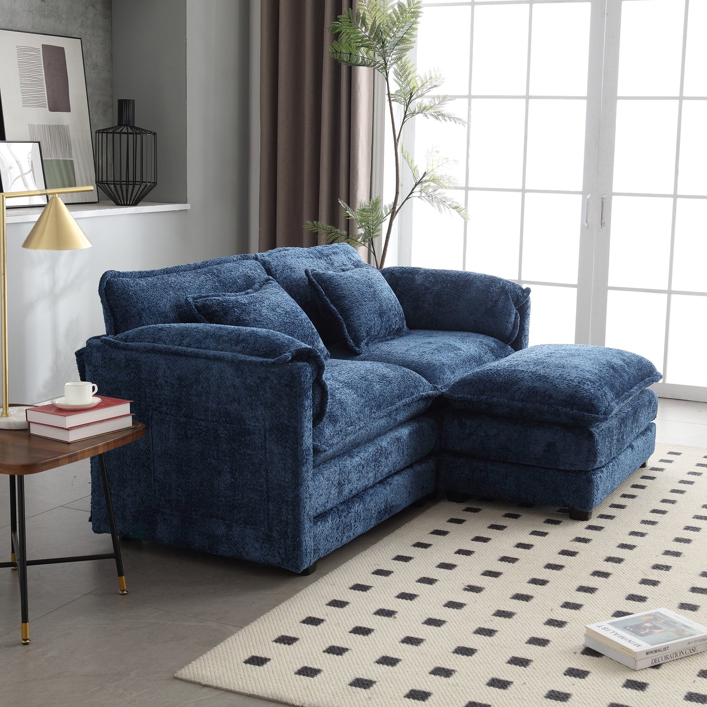 UNITED WE WIN Chenille fabric, removable armrests with side pockets, high density sponge filling, oversized double sofa with footstool