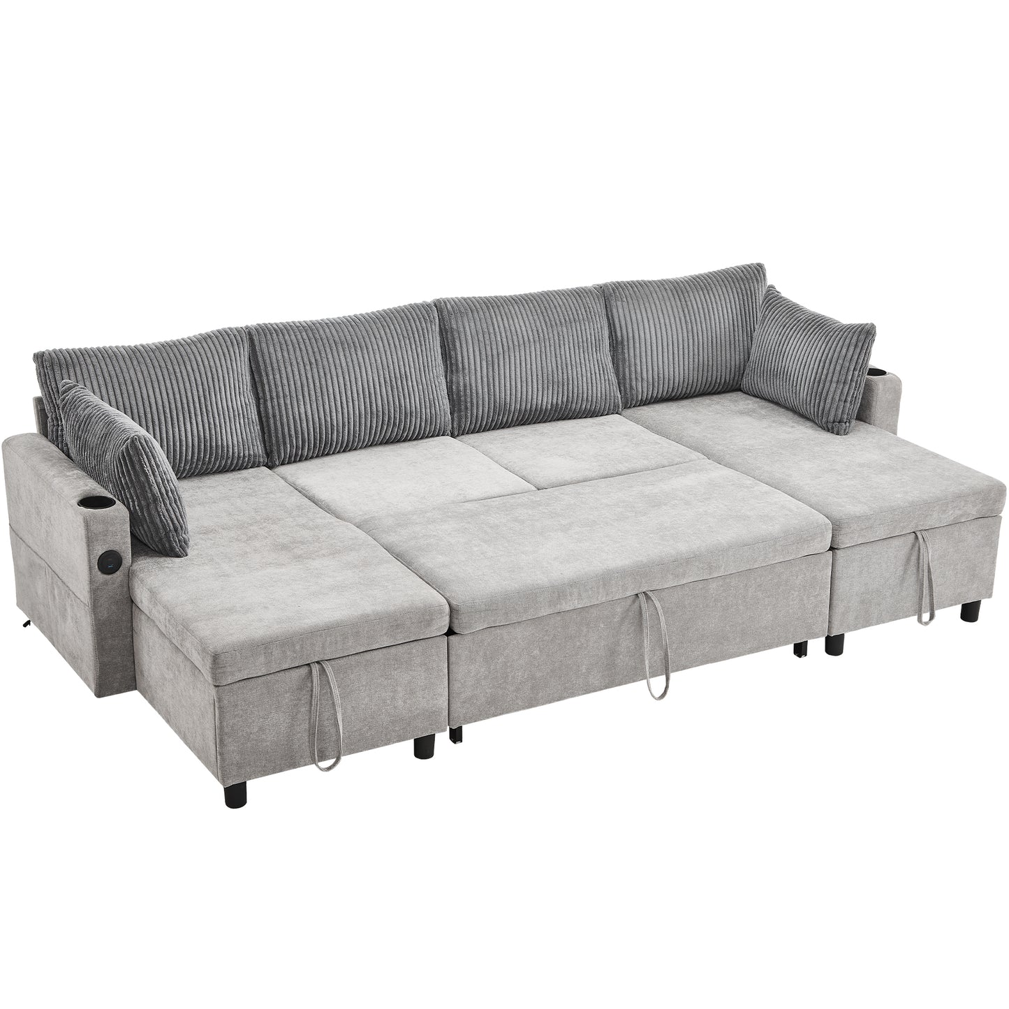 111.8" Sectional Sofa Pull-out Sofa Bed Versatile Sofa Sleeper with Large Storage Space, Two USB Ports and Two Cup Holders for Living Room, Grey