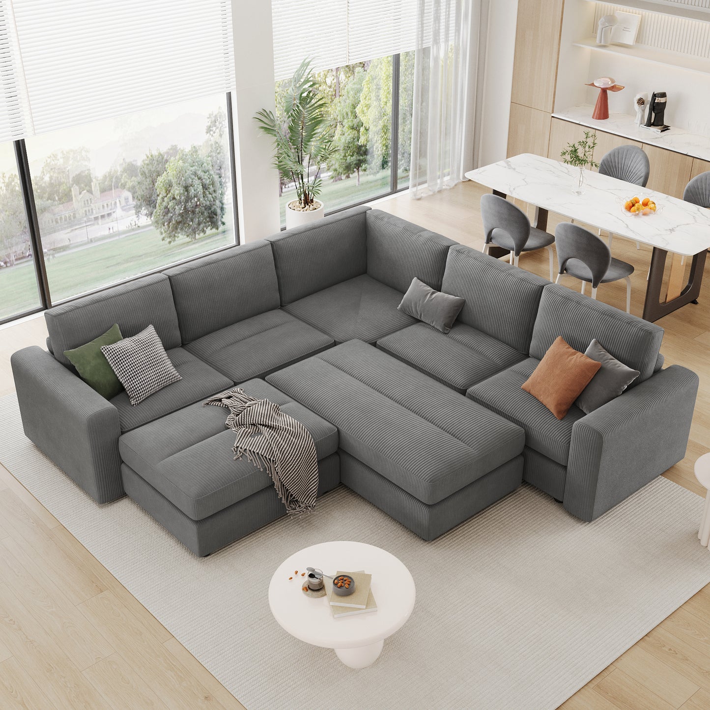 121.3" Sectional Couch Sofa Bed Modular Sofa with Two Movable Ottomans for Living Room, Gray