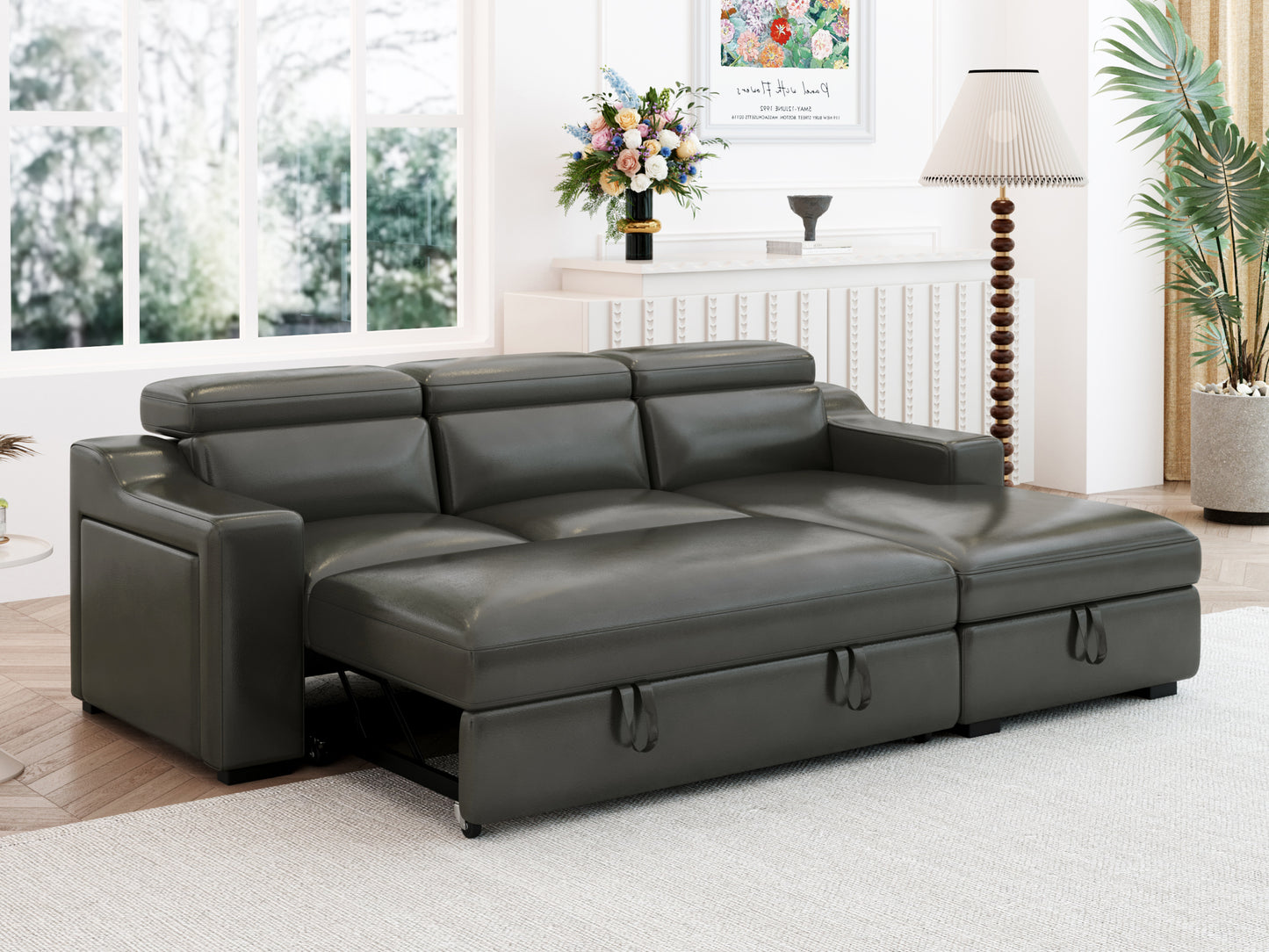 103'' inch Convertible Sectional Sofa with Storage Chaise, Adjustable Headrests, L-shaped Sleeper Corner Sectional Sofa with a Pull-Out Bed ,a USB Charging,and a Cup Holder,Gray