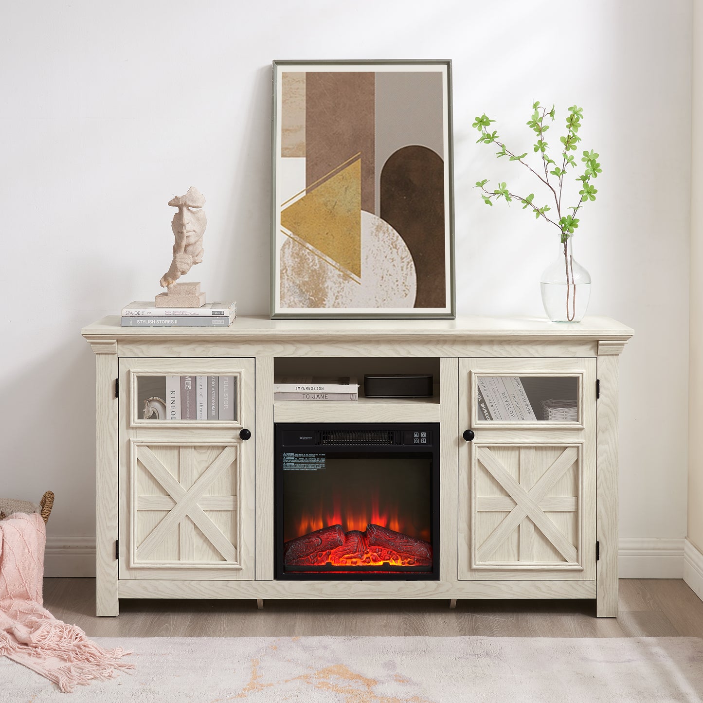 2 Doors Cabinet Farmhouse  Cabinet, Farmhouse TV Stand Barn Design,Modern Farmhouse TV Media Stand, Large Barn Inspired Home Entertainment Console with 18" fireplace insert,WHITE,60.23"W*15.35"D*31.7H