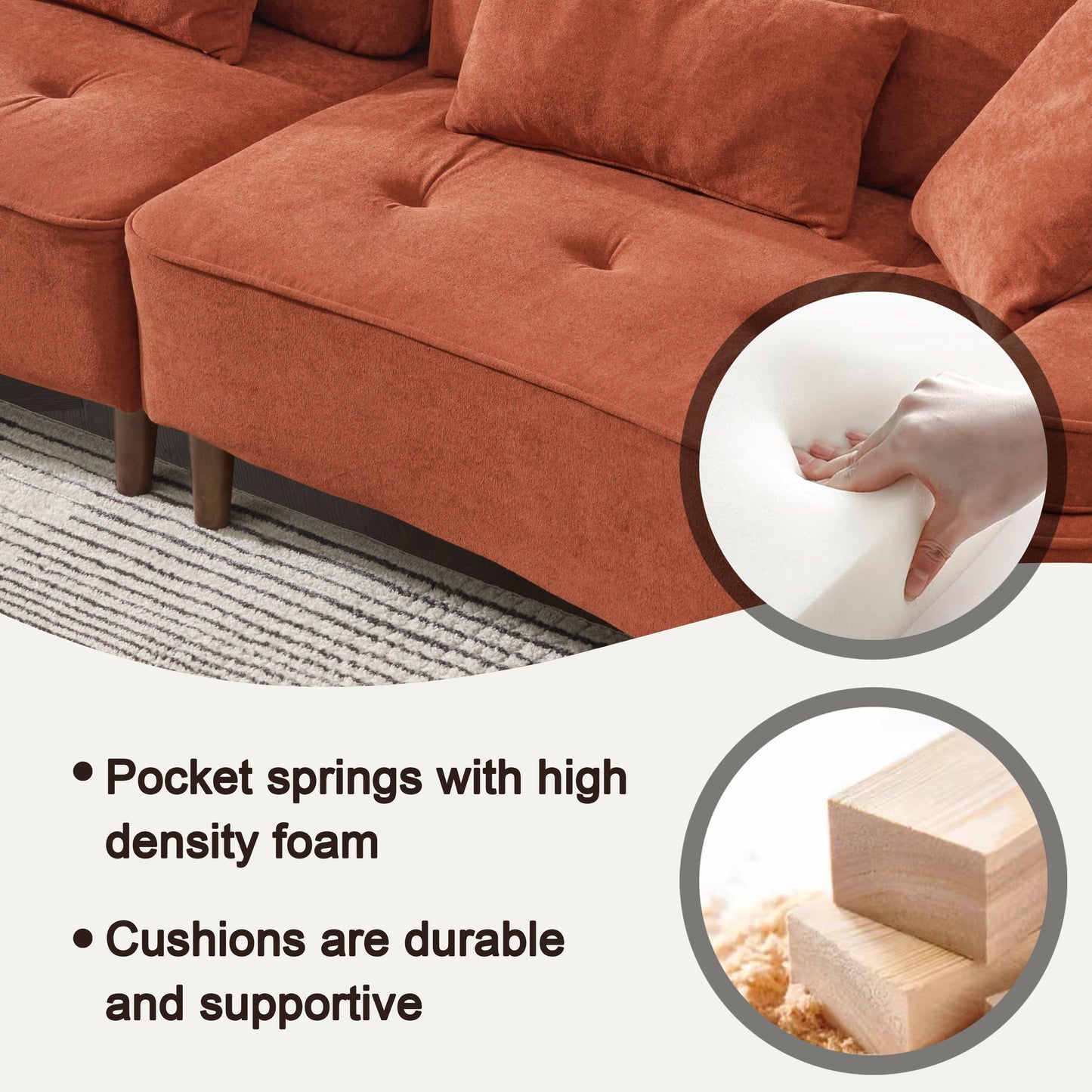 103 inch comfortable deep seated sofa with pillow, suitable for bedroom, living room, apartment, office, dormitory decoration