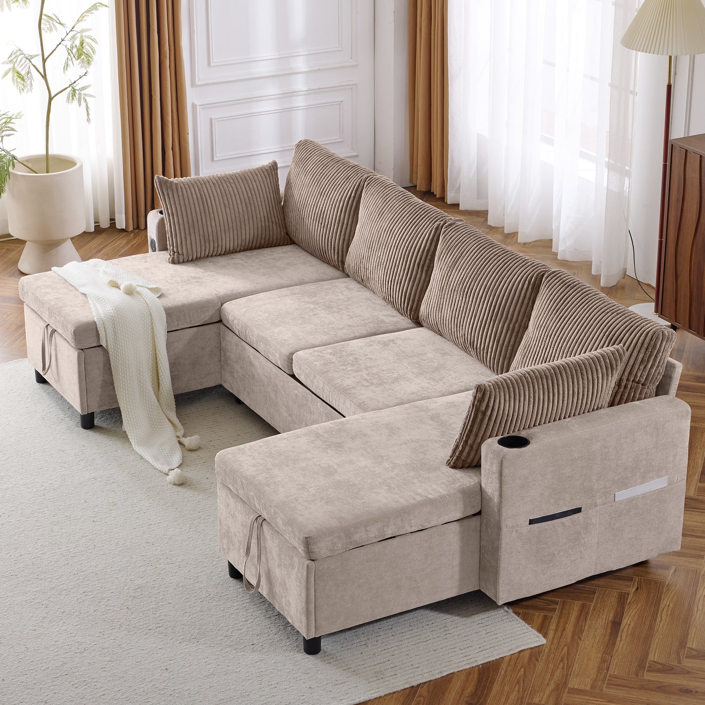 111.8" Sectional Sofa Pull-out Sofa Bed Versatile Sofa Sleeper with Large Storage Space, Two USB Ports and Two Cup Holders for Living Room, Brown