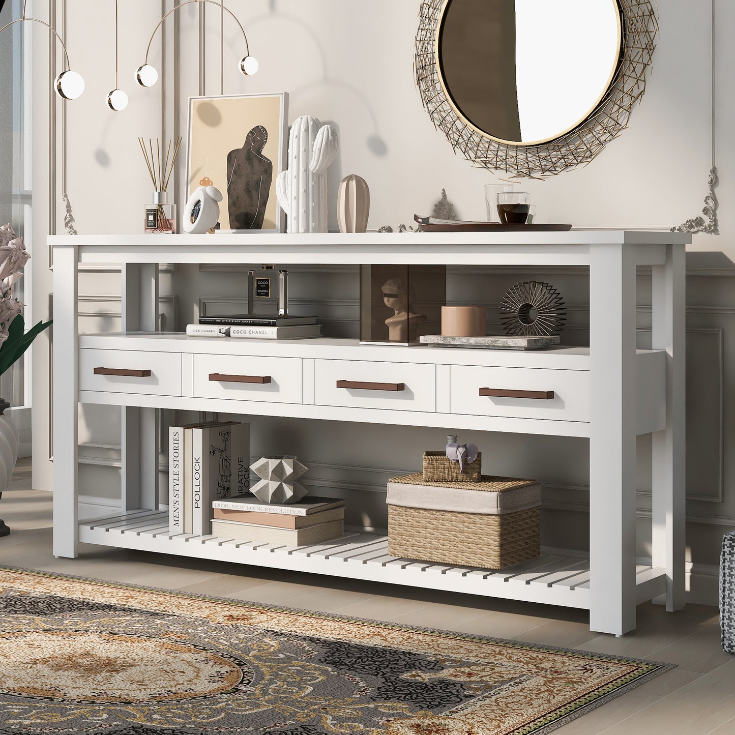 U_STYLE 62.2'' Modern Console Table Sofa Table for Living Room with 4 Drawers and 2 Shelves