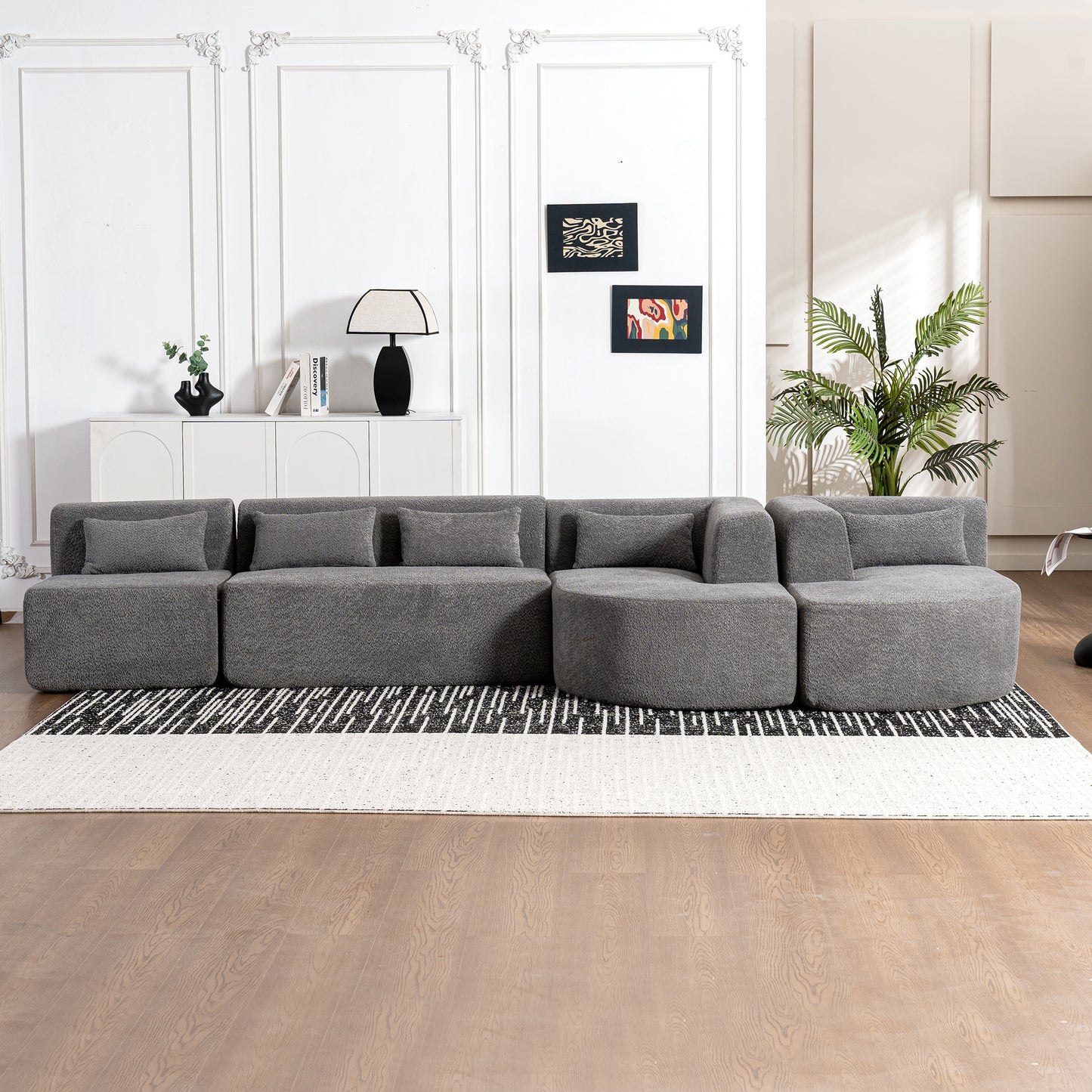 143.7" Upholstered Sofa Free-combined Sofa Couch with Two Chaise Lounge and Five Back Pillows for Living Room, Light Gray