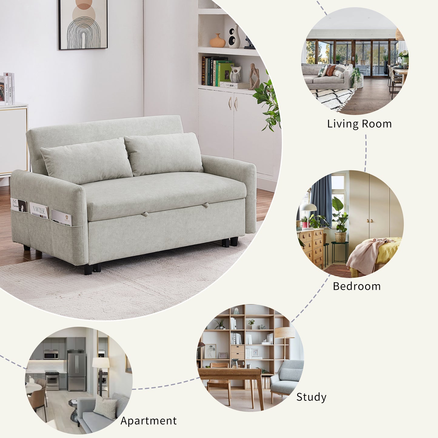 55.1" Pull Out Sleep Sofa Bed Loveseats Sofa Couch with Adjsutable Backrest, Storage Pockets, 2 Soft Pillows, USB Ports for Living Room, Bedroom, Apartment, Office, Beige (Old SKU: WF315689AAA)