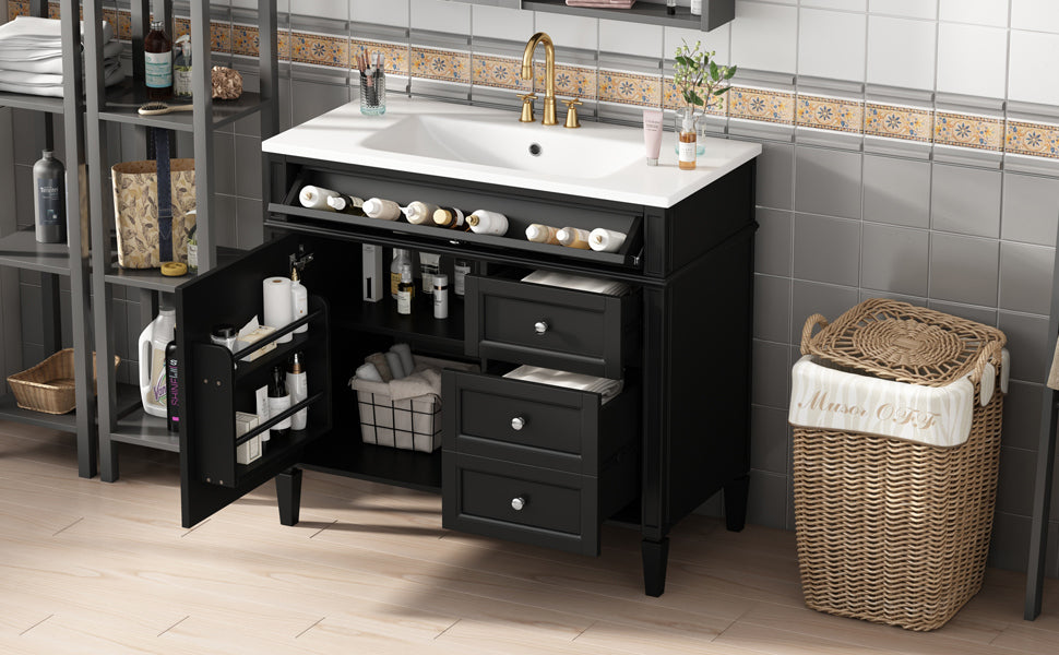 36'' Bathroom Vanity with Top Sink, Modern Bathroom Storage Cabinet with 2 Drawers and a Tip-out Drawer, Single Sink Bathroom Vanity