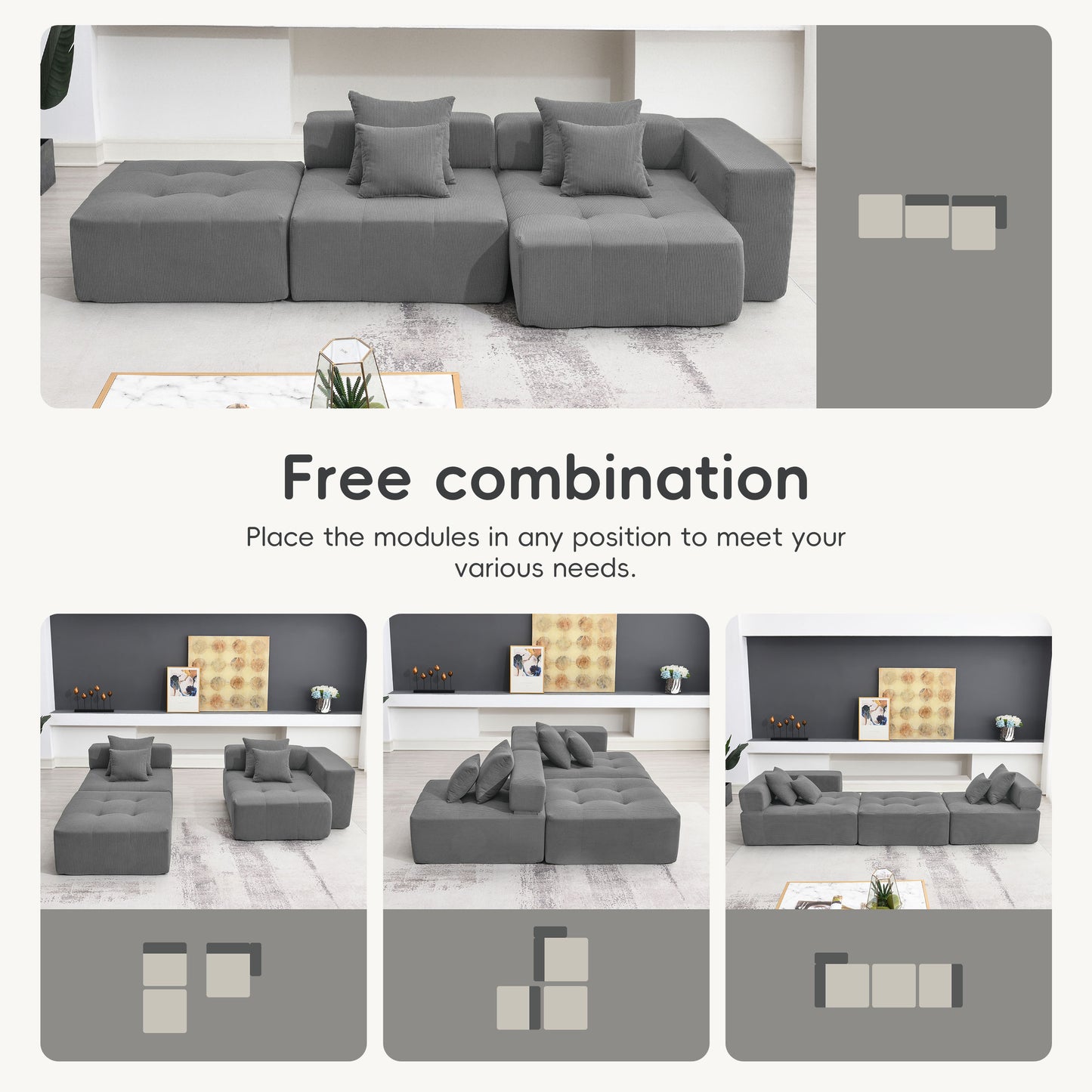 [VIDEO+New]105.5''L Shaped Modular Sectional Sofa,Minimalist Corduroy Floor Couch Set,Convertible Foam-Filled Cloud Compressed Couch for Living Room,3 PC Free Combination,No Assembly Required,3 Colors