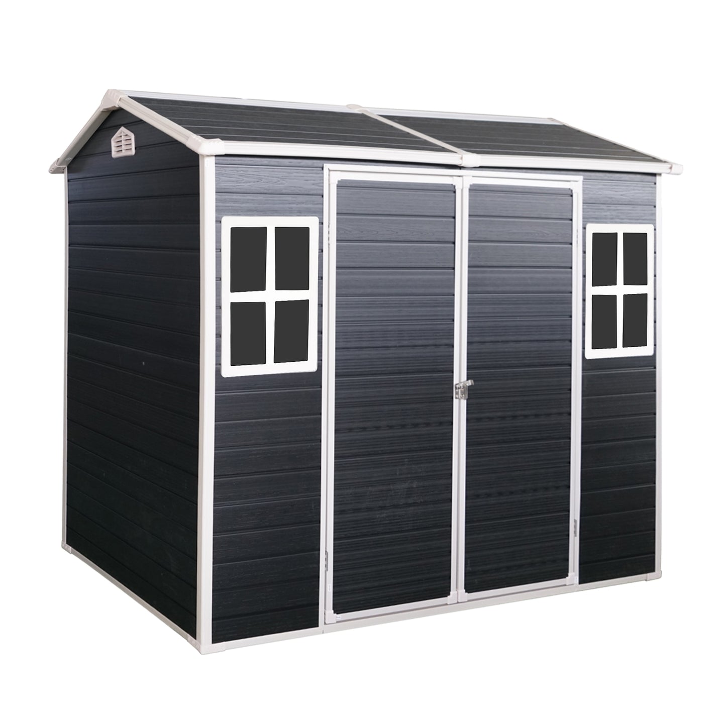 4x8ft Resin Outdoor Storage Shed with Two-Window and Double-Door,Plastic Shed with Floor for Gargen,Patio,Yard,Lawn,Black