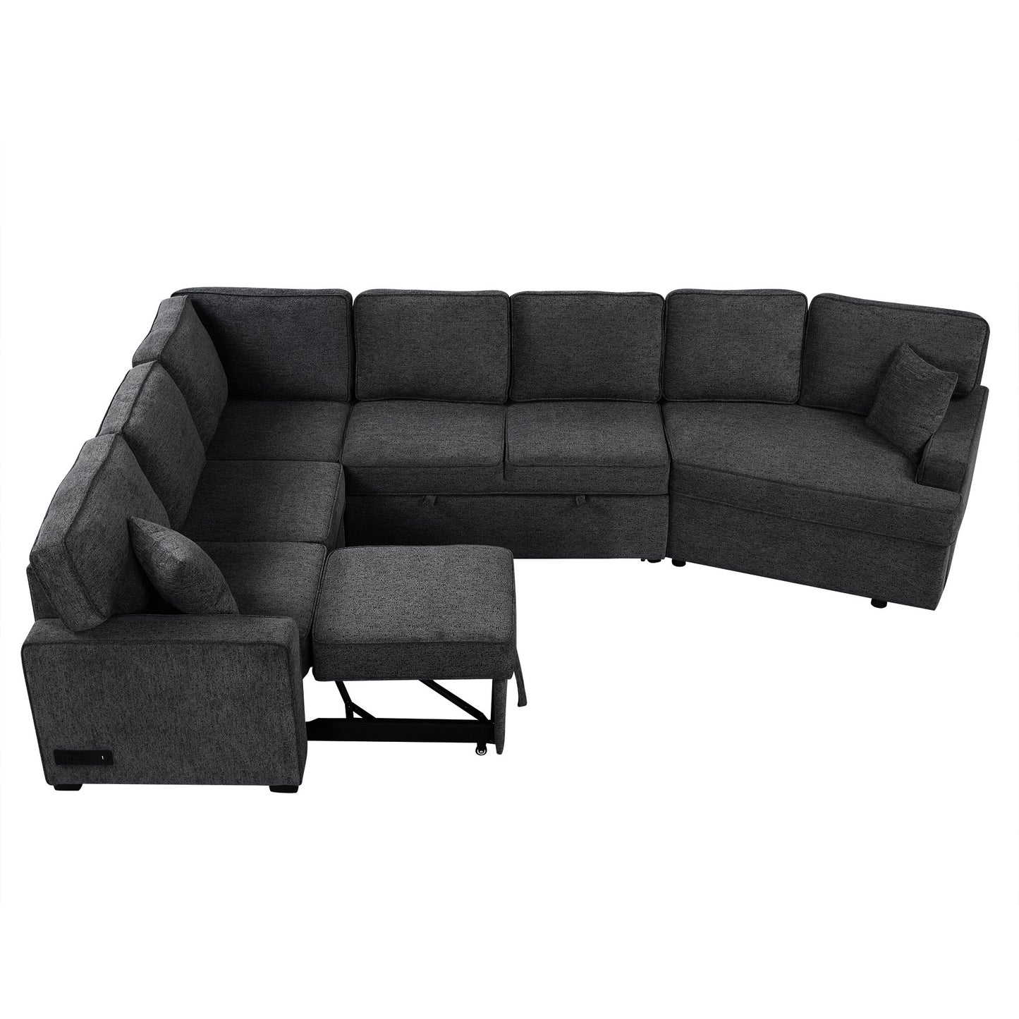 126" L-shaped Sofa Sectional Sofa Couch Pull-out Sofa Bed with Charging Devices and Cup Holders for Living Room, Blue Black