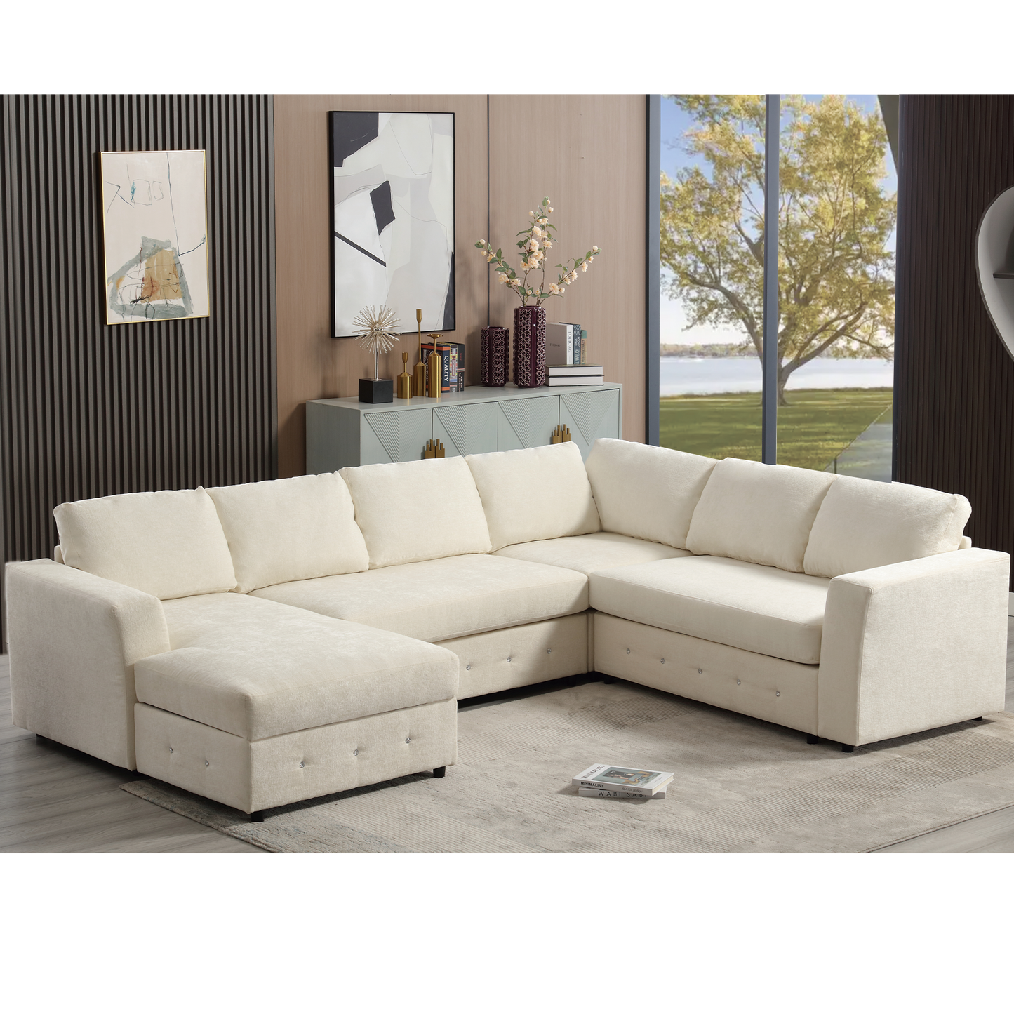 [NEW ARRIVED] [VIDEO PROVIDED]110.75" Sectional Sofa,Oversized modular sofa,Chaise Storage, Modern U Shaped  Couch , Upholstered Sofas,Chenille,Crystal button , Living Room, Apartment,  Beige