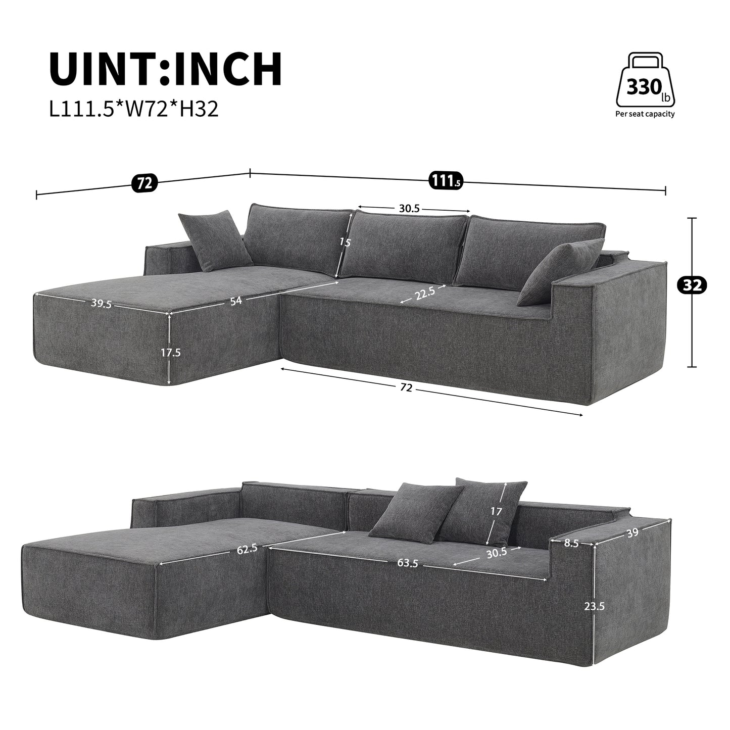 [VIDEO+New] 111.5*72" Minimalist Style Modular Sectional Sofa,Wrinkle-resistant Chenille Couch Set,L-Shaped Compressed Sofa for Living Room,2 PIC Free Combination,No Assembly Require,3 Colors