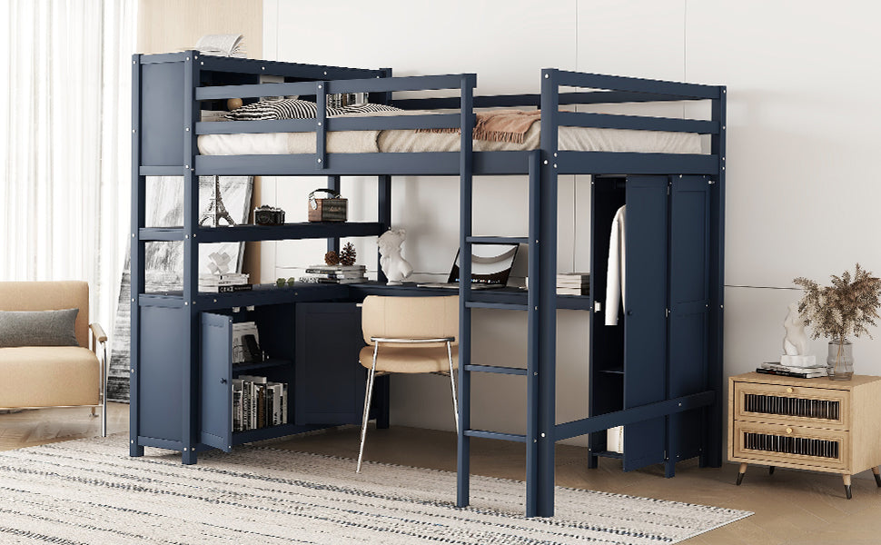 Wood Loft Bed with Cabinet and Bookshelf, Full Size Loft with Wardrobe and Desk for Kids,Dark Blue(Expect Arrival Date 2024/8/25)