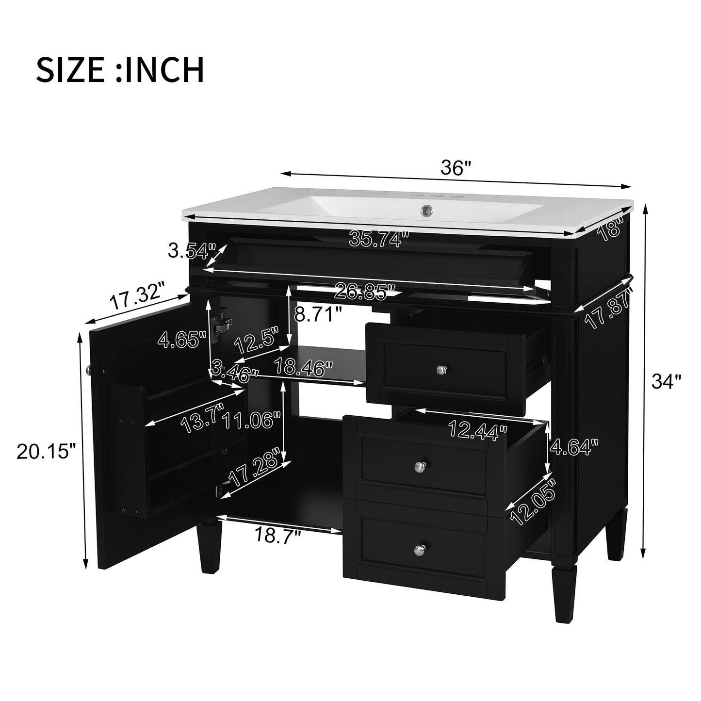 36'' Bathroom Vanity with Top Sink, Modern Bathroom Storage Cabinet with 2 Drawers and a Tip-out Drawer, Single Sink Bathroom Vanity