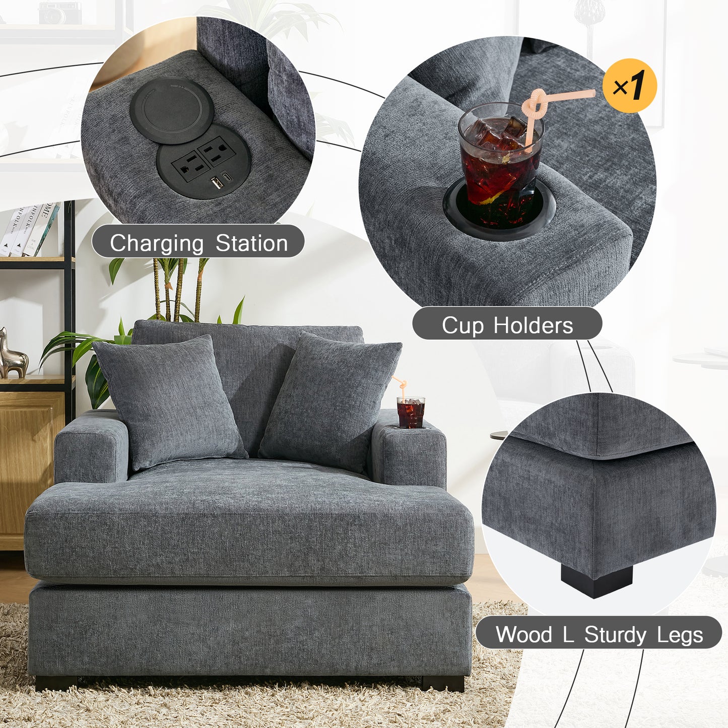 43.5" Oversized Chaise Lounger Modern Style Sofa Couch ,with Pillows, Charge Station & Cup Holders, Chenille Fabric, Blue Gray