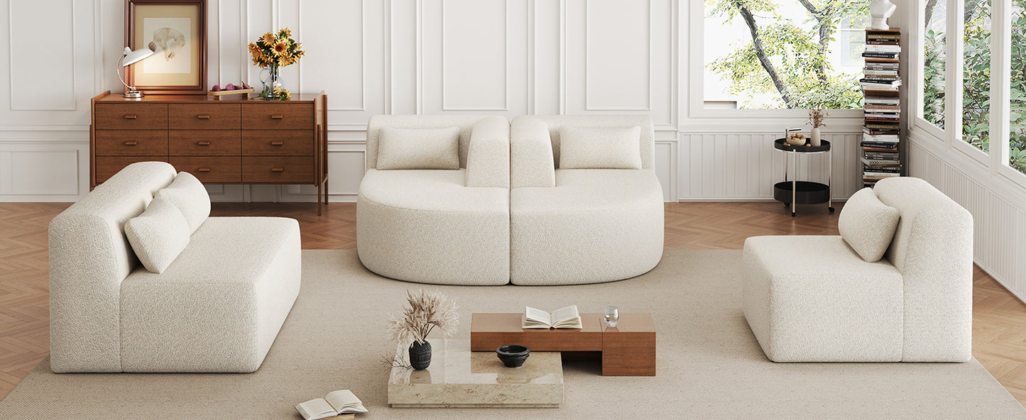 143.7" Upholstered Sofa Free-combined Sofa Couch with Two Chaise Lounge and Five Back Pillows for Living Room, Beige