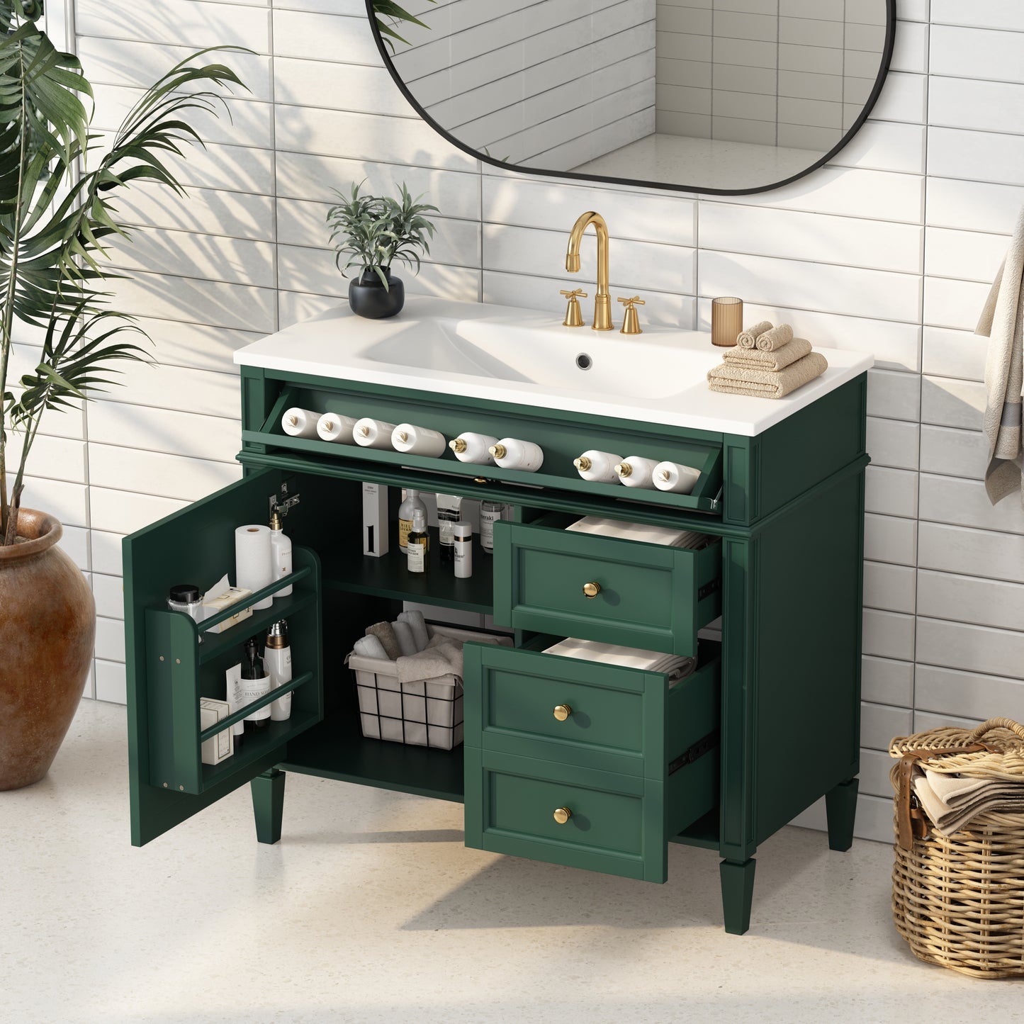 36'' Bathroom Vanity with Top Sink, Modern Bathroom Storage Cabinet with 2 Drawers and a Tip-out Drawer, Single Sink Bathroom Vanity