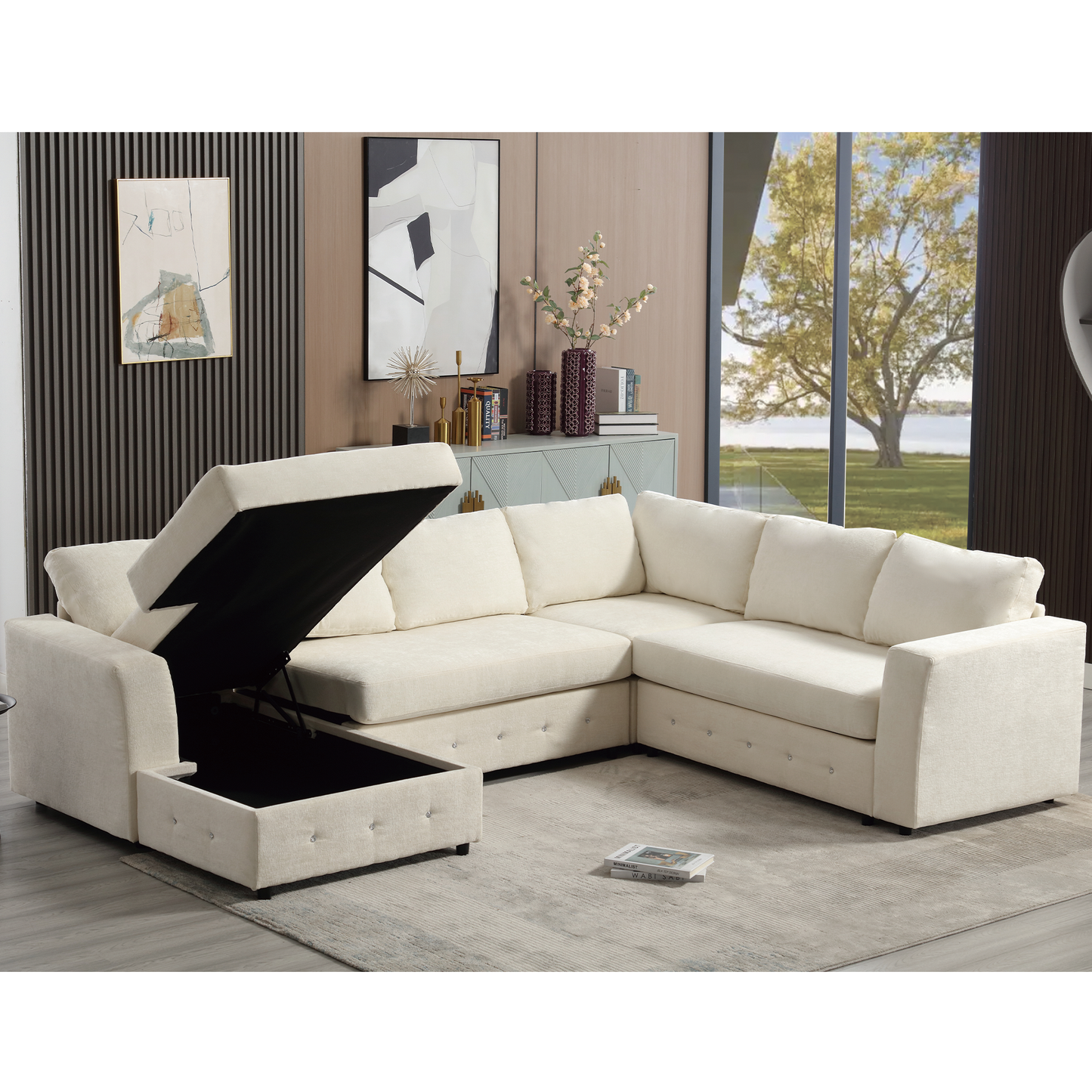 [NEW ARRIVED] [VIDEO PROVIDED]110.75" Sectional Sofa,Oversized modular sofa,Chaise Storage, Modern U Shaped  Couch , Upholstered Sofas,Chenille,Crystal button , Living Room, Apartment,  Beige