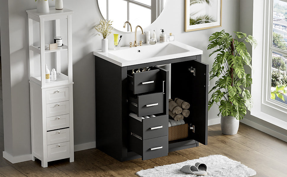 30'' Bathroom Vanity with Ceramic Sink Combo,Solid Wood Frame Bathroom Storage Cabinet, Freestanding Vanity Set with 3 Drawers& Soft Closing Doors