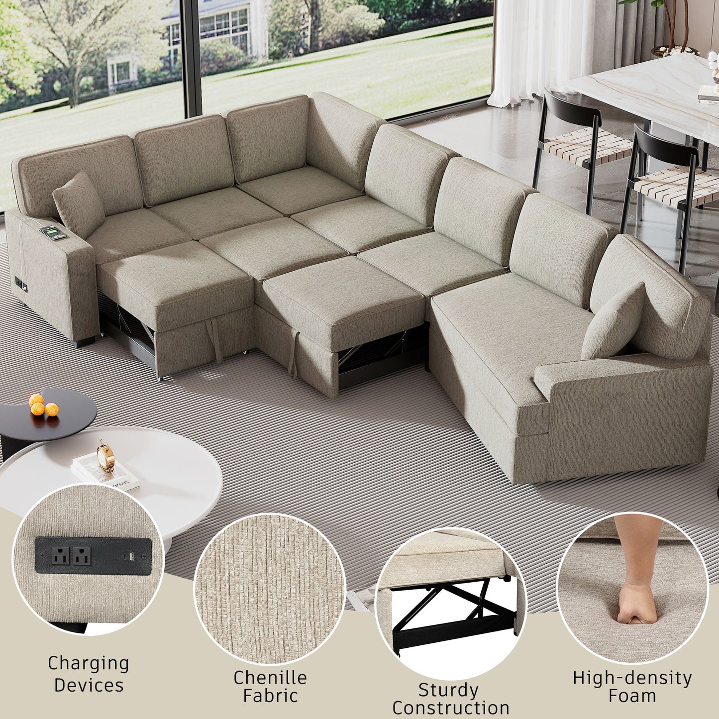 126" L-shaped Sofa Sectional Sofa Couch Pull-out Sofa Bed with Charging Devices and Cup Holders for Living Room, Beige