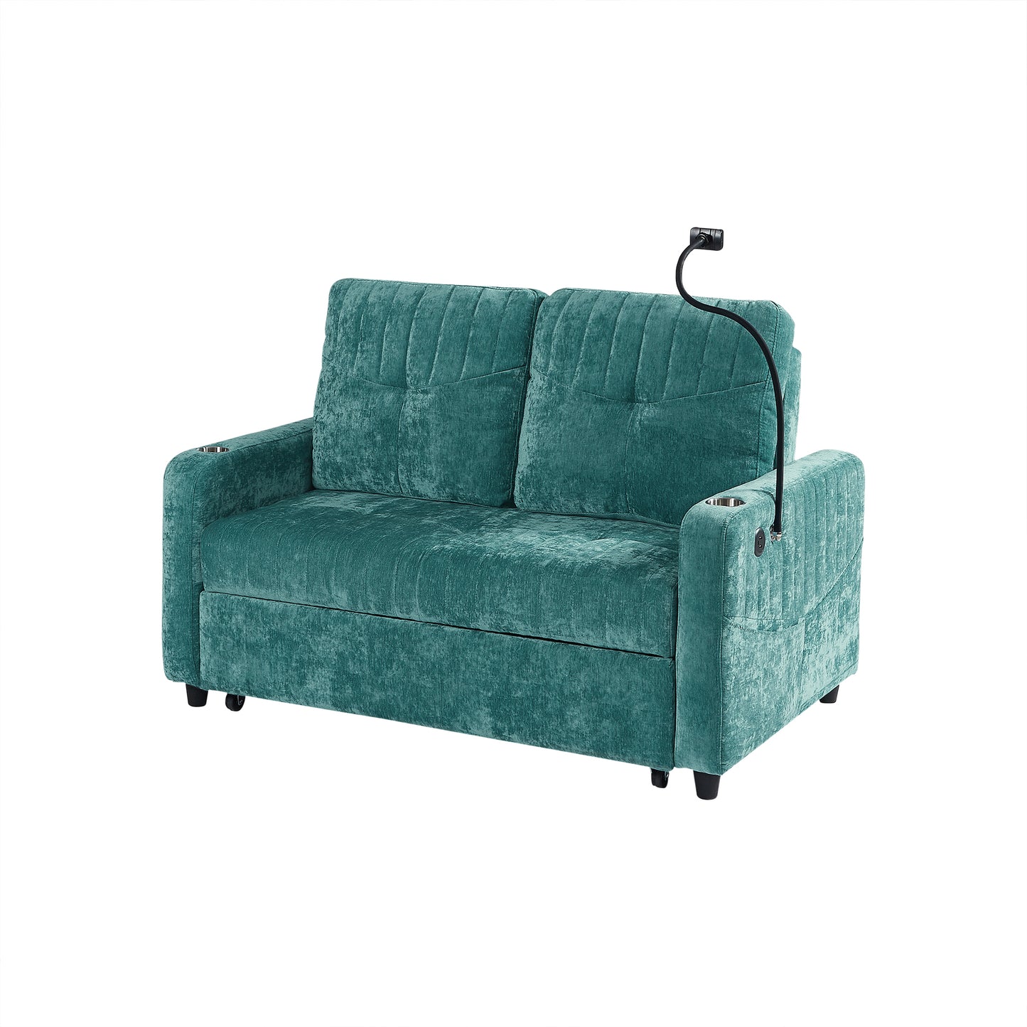 53.9" Modern Loveseat Pull-out Sofa Bed with Adjustable Backrest, Two Cup Holders , a Phone Holder, Three Charging Ports and Side Storage Pockets for Living Room, Teal