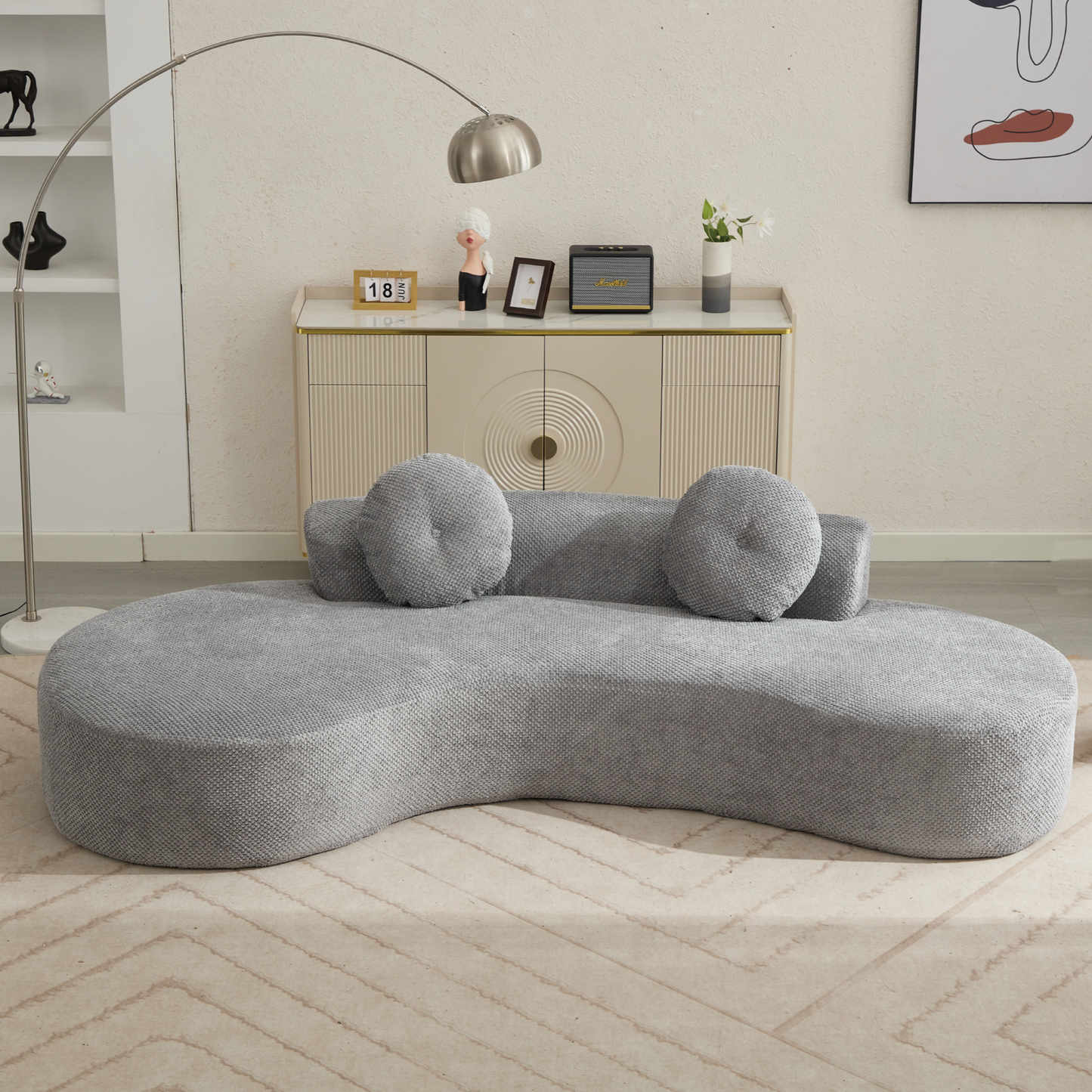 [NEW ARRIVED] [VIDEO PROVIDED]105.5''Curved Sofa, Modern Minimalist Sofa, Cloud Couch Sofa 3-4 Seater Couch with 2 Pillows,Bedroom,  No Assembly Required, Point-shaped corduroy,(Anti-Wrinkle) , Gray