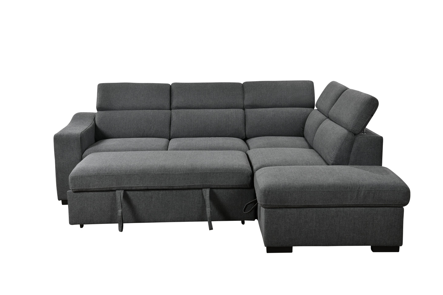 105"L-Shape Sectional Sofa with Pull-Out Bed and Ottoman Storage Space, Convertible Sleeper Couch, Arm with 1 Cup Holders and Wirelessly Charged, for Living Room, Apartment, Dark Gray