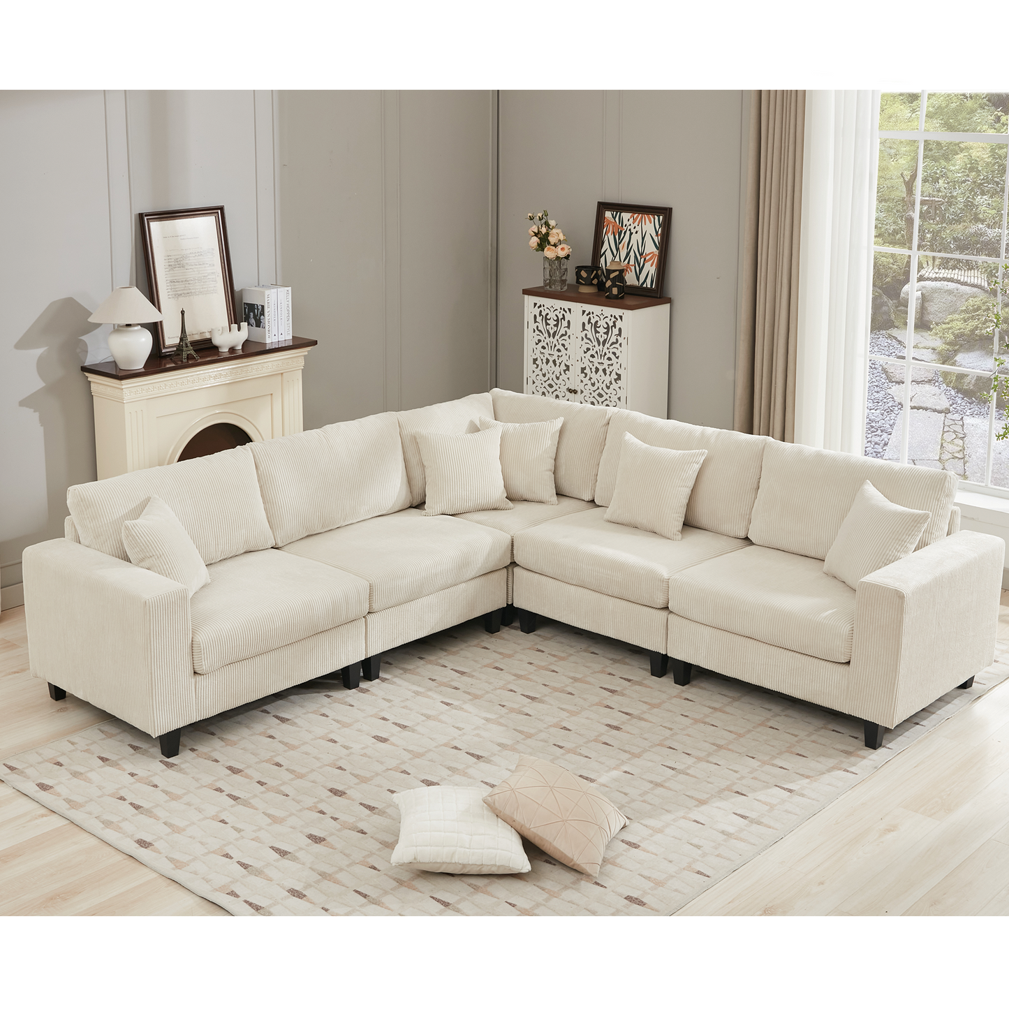 [NEW PACKAGING UPGRADE]Oversized Modular Sectional Sofa Set, L Shaped Couch,Corduroy ,Upholstered,Deep Seat,,5 Seat,5 Throw pillow and 6 back cushion,Living Room, Apartment ,Beige