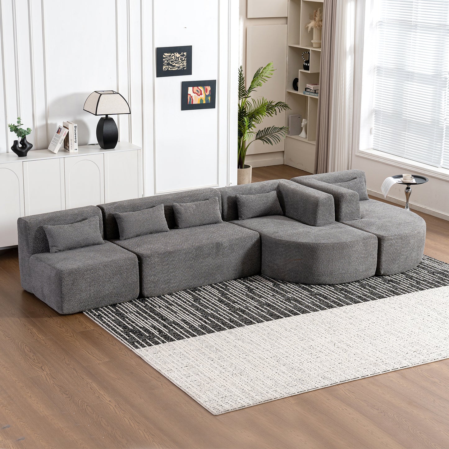 143.7" Upholstered Sofa Free-combined Sofa Couch with Two Chaise Lounge and Five Back Pillows for Living Room, Light Gray