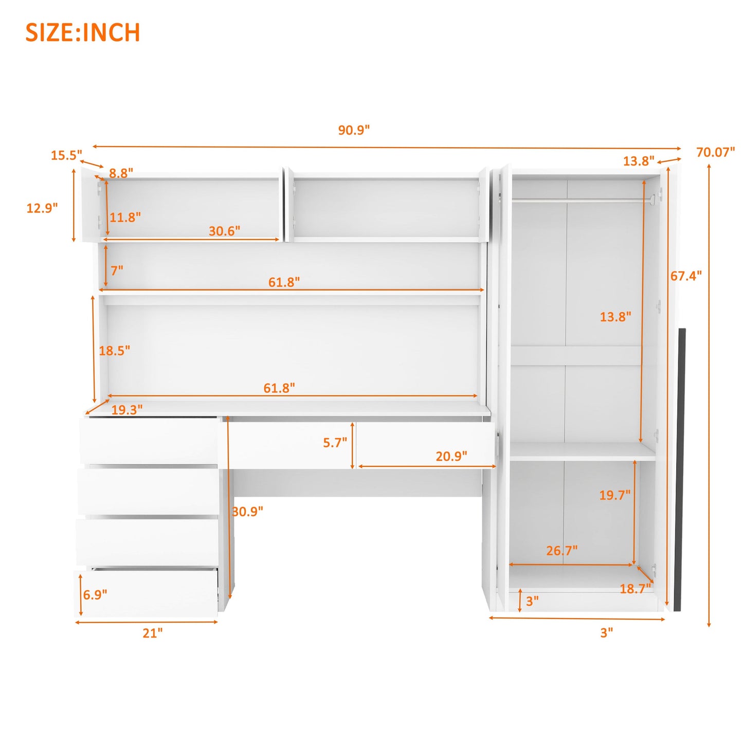 2 Door Wooden Storage Desk Wardrobe for Bedroom with Shelves and Drawers, White