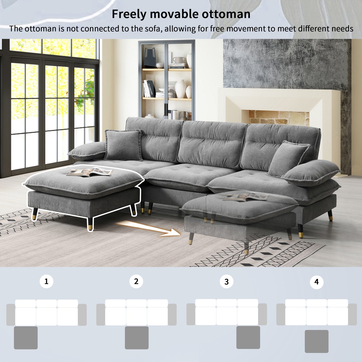 [VIDEO provided][New]106*66.5" L shaped Convertible Sectional Sofa,4 Seat Tufted Couch Set with Two-tone Adjust Legs,Cloud Chenille Fabric,Movable Ottoman for Living Room,  Apartment,Office,3 Colors