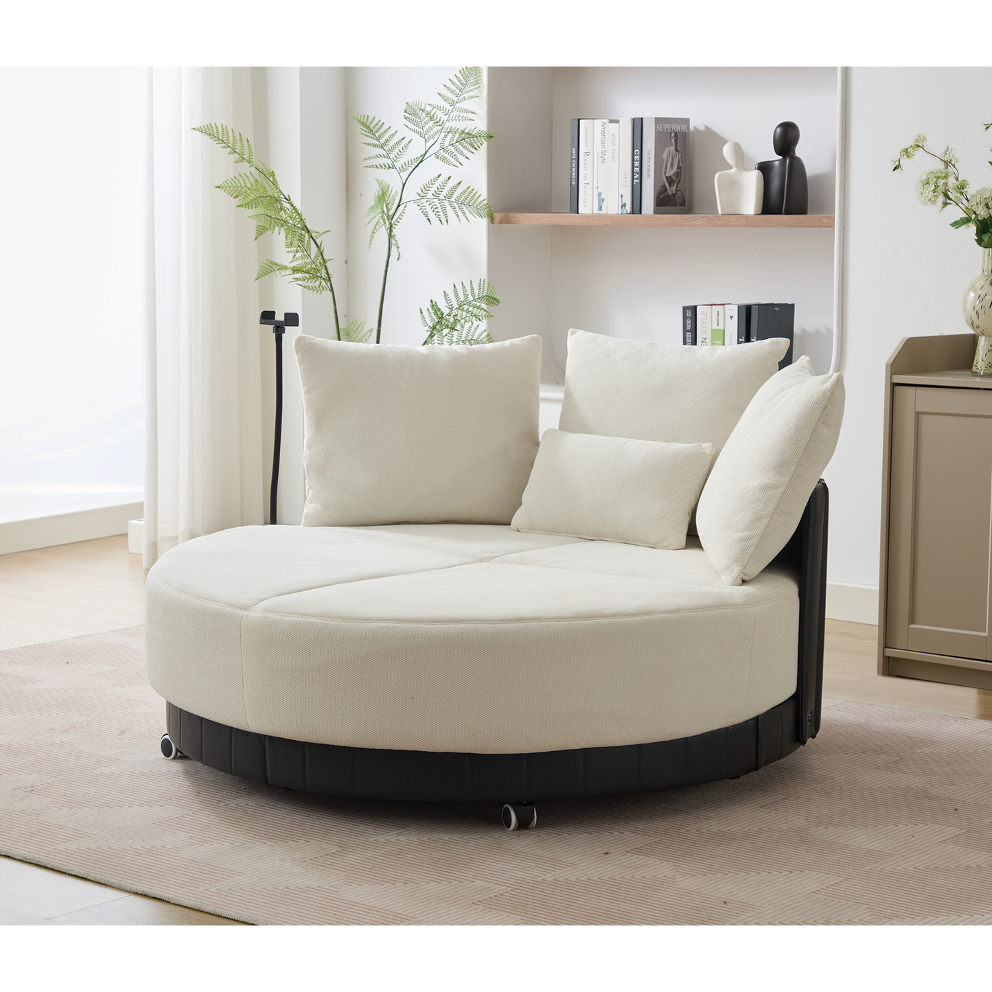 [NEW ARRIVED] [VIDEO PROVIDED]52.75'' Oversized Round Swivel  Chair,360° Swivel Chair, Couples chair,Adjustable phone stand,Swivel Chair,Rotating pulley,Polyester(Anti-Wrinkle),Beige