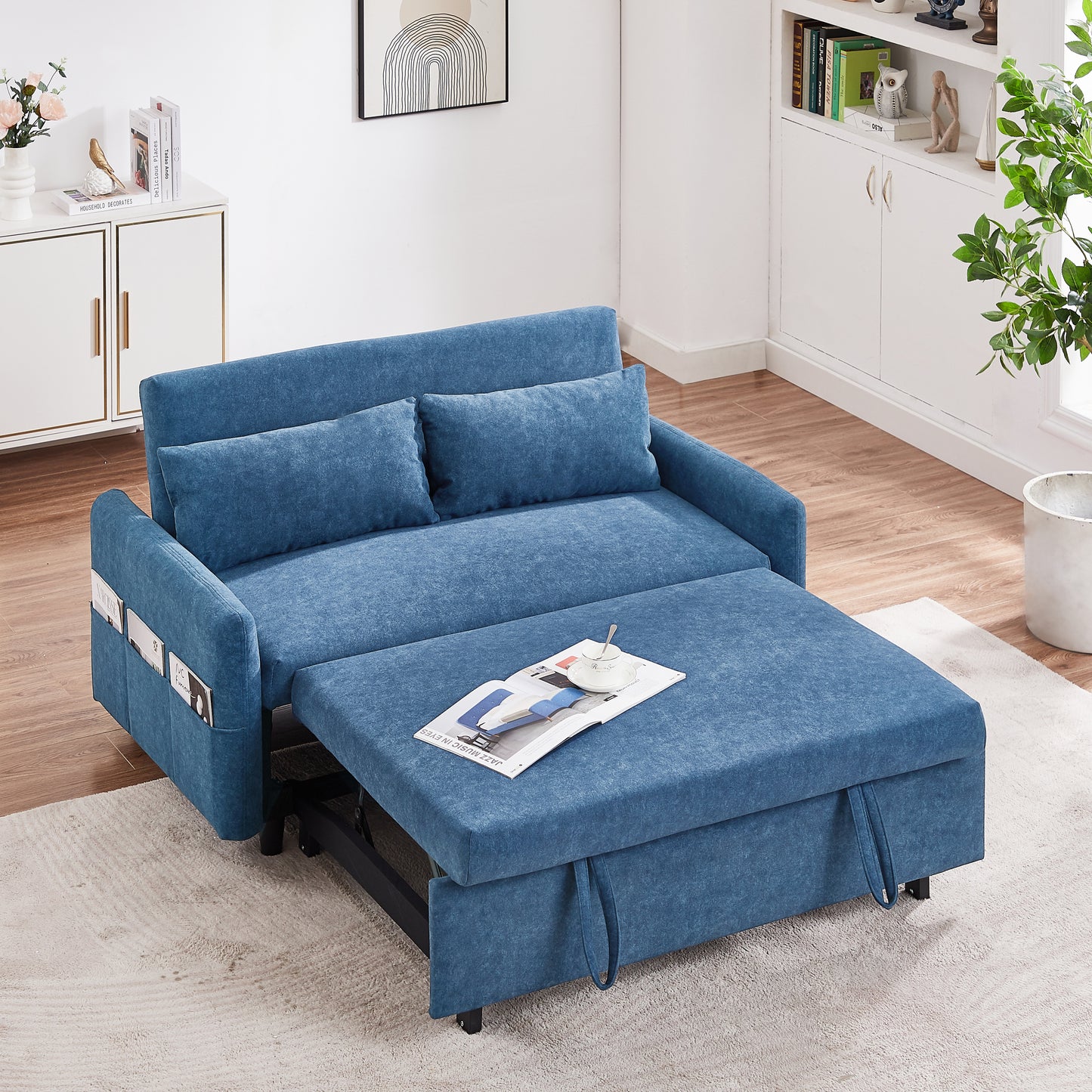 55.1" Pull Out Sleep Sofa Bed Loveseats Sofa Couch with Adjsutable Backrest, Storage Pockets, 2 Soft Pillows, USB Ports for Living Room, Bedroom, Apartment, Office, Blue (Old SKU: WF315689AAC)