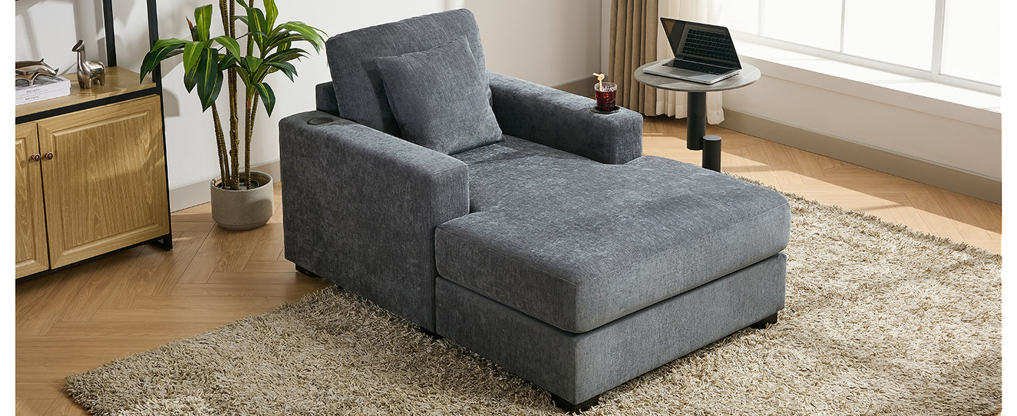 39.7" Oversized Chaise Lounger Modern Style Sofa Couch ,with Pillows, Charge Station & Cup Holders, Chenille Fabric, Blue Gray