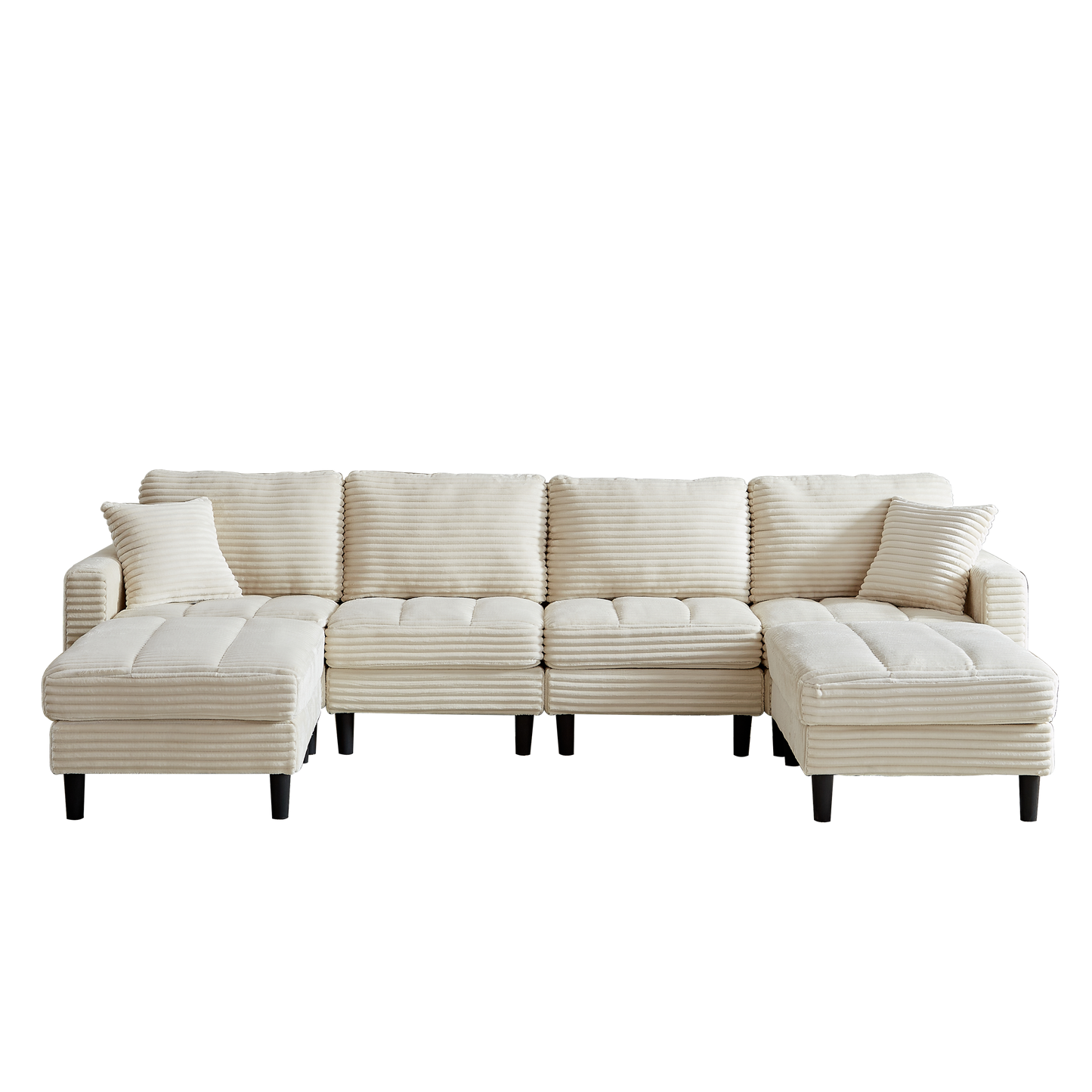 122.5-Inch Oversized U-Shaped Modular Sofa, Corduroy Fabric Sofa, Living Room Sectional Sofa with 2 Pillows, Two ottoman, plastic leg, Beige