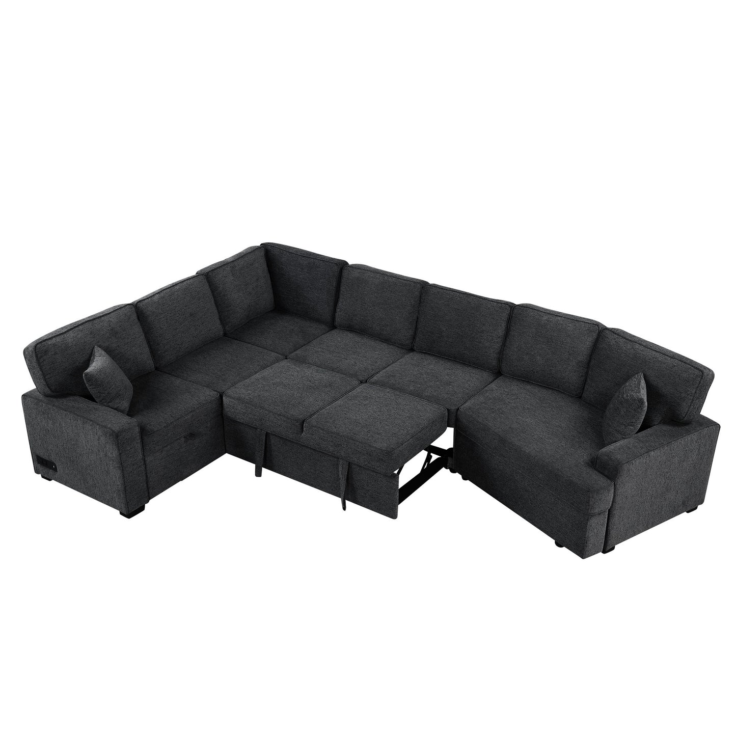 126" L-shaped Sofa Sectional Sofa Couch Pull-out Sofa Bed with Charging Devices and Cup Holders for Living Room, Blue Black