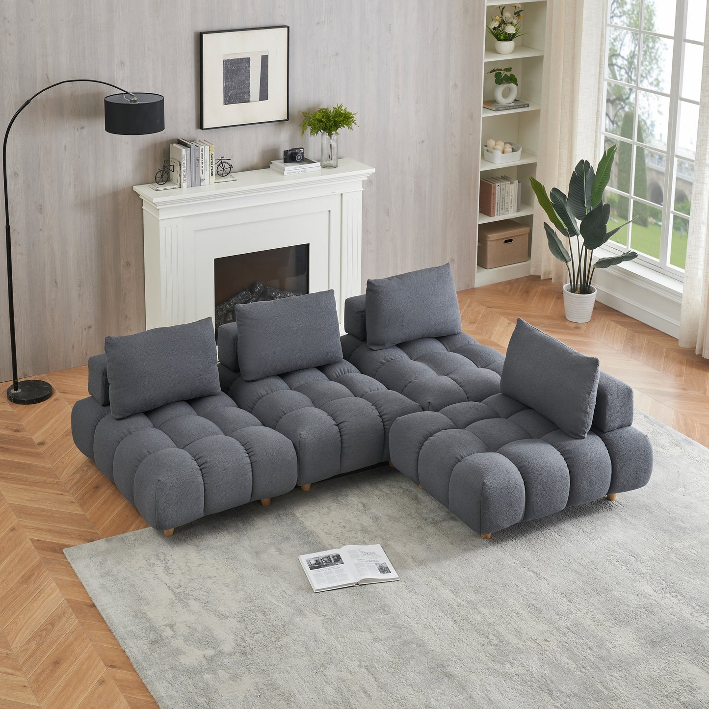 120 inches long, Teddy Sofa Fabric, with spacious and comfortable seats, for Apartment Office Living Room -Gray