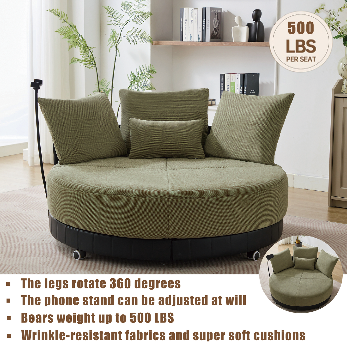 [NEW ARRIVED] [VIDEO PROVIDED]52.75'' Oversized Round Swivel  Chair,360° Swivel Chair, Couples chair,Adjustable phone stand,Swivel Chair,Rotating pulley,Polyester(Anti-Wrinkle),Green